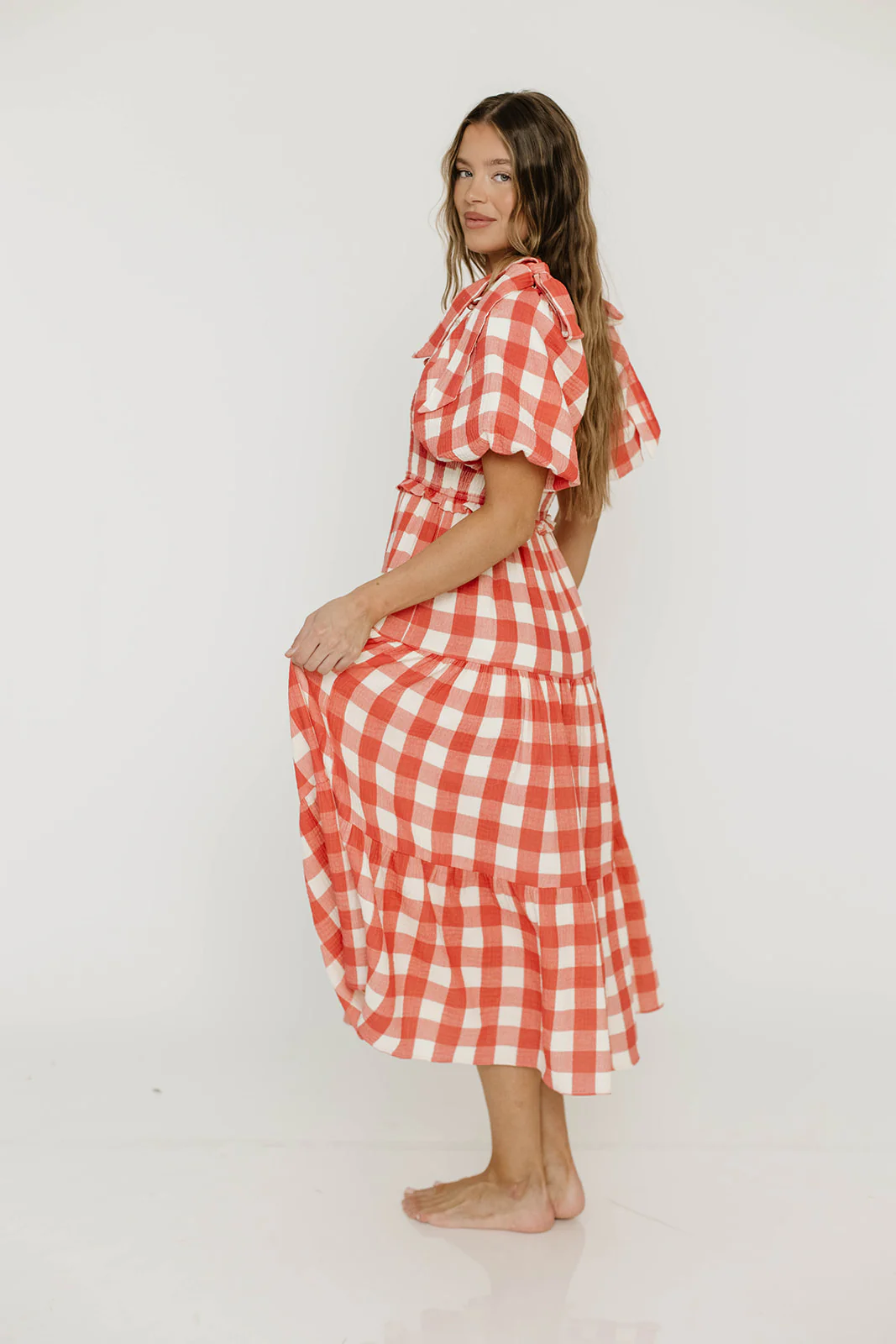 Elena 100% Cotton Gingham Midi Dress in Red - Bump Friendly - Image 9