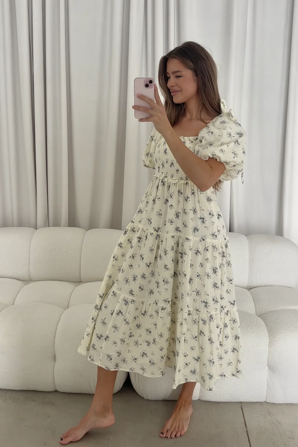 Elena 100% Cotton Midi Dress in Off White/Blue Floral - Bump Friendly - Image 4