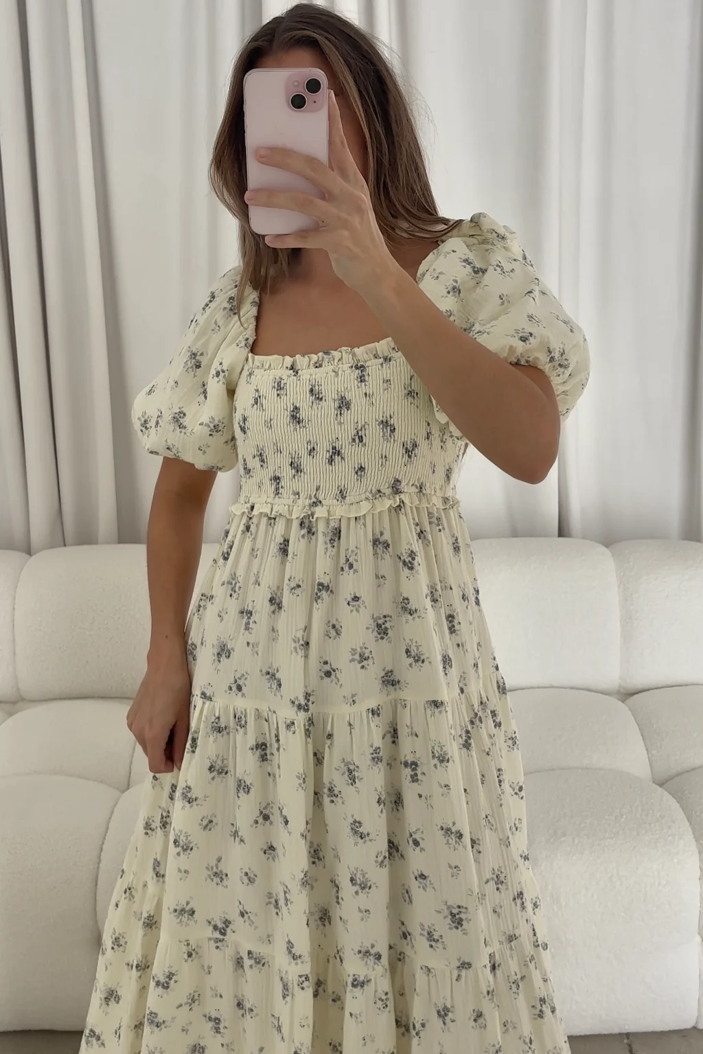 Elena 100% Cotton Midi Dress in Off White/Blue Floral - Bump Friendly - Image 5