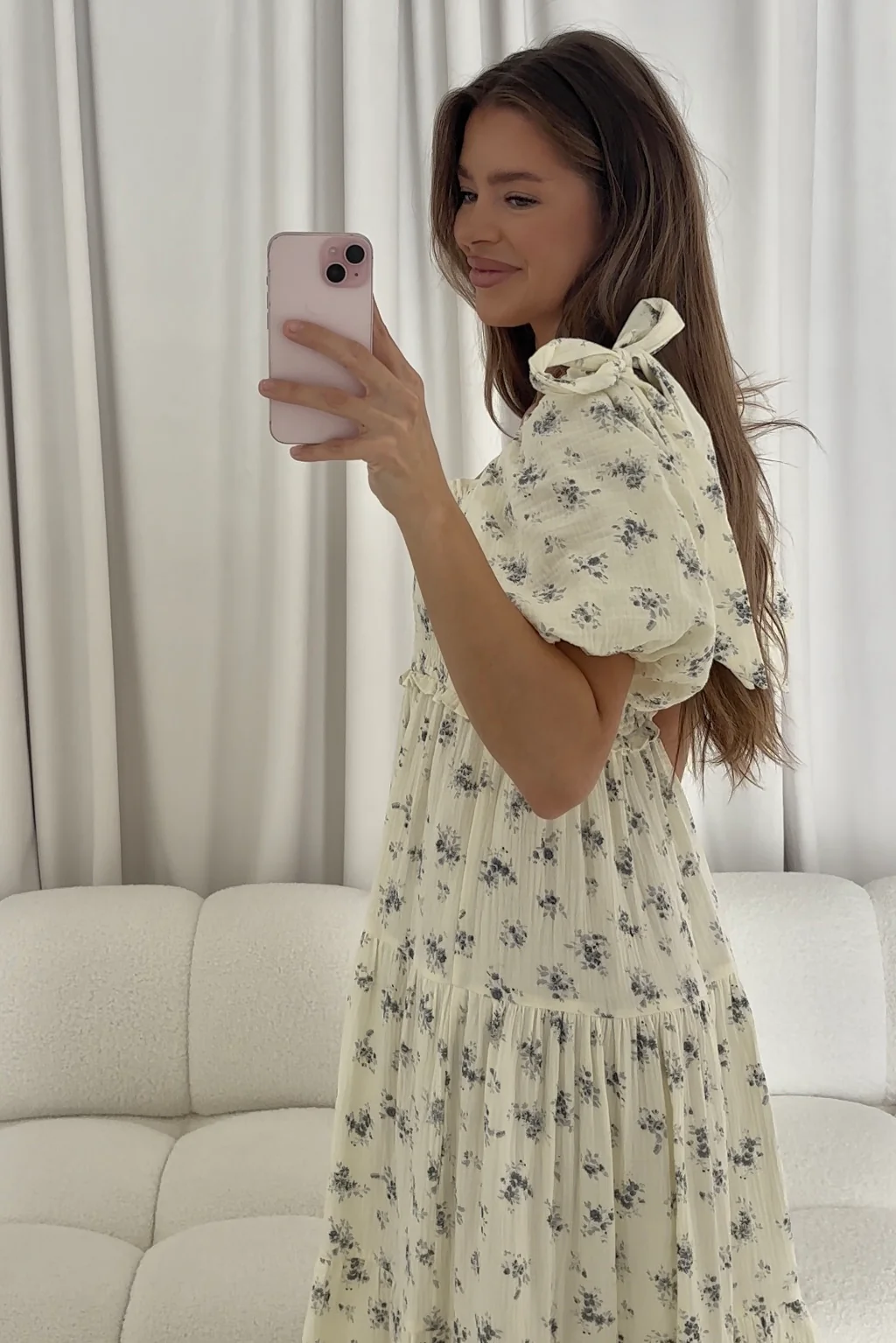 Elena 100% Cotton Midi Dress in Off White/Blue Floral - Bump Friendly - Image 6
