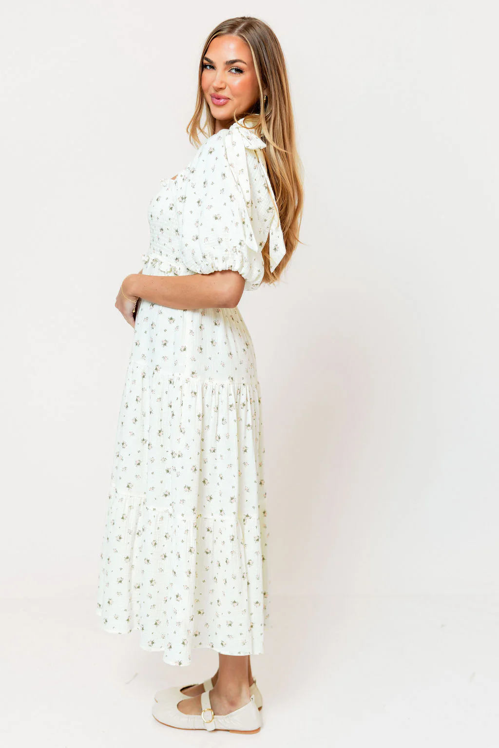 Elena 100% Cotton Midi Dress in Off-White/Pink Floral -Bump Friendly - Image 10