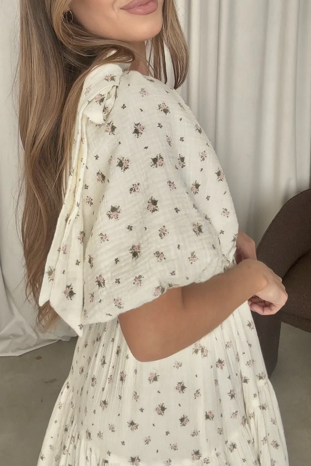 Elena 100% Cotton Midi Dress in Off-White/Pink Floral -Bump Friendly - Image 13