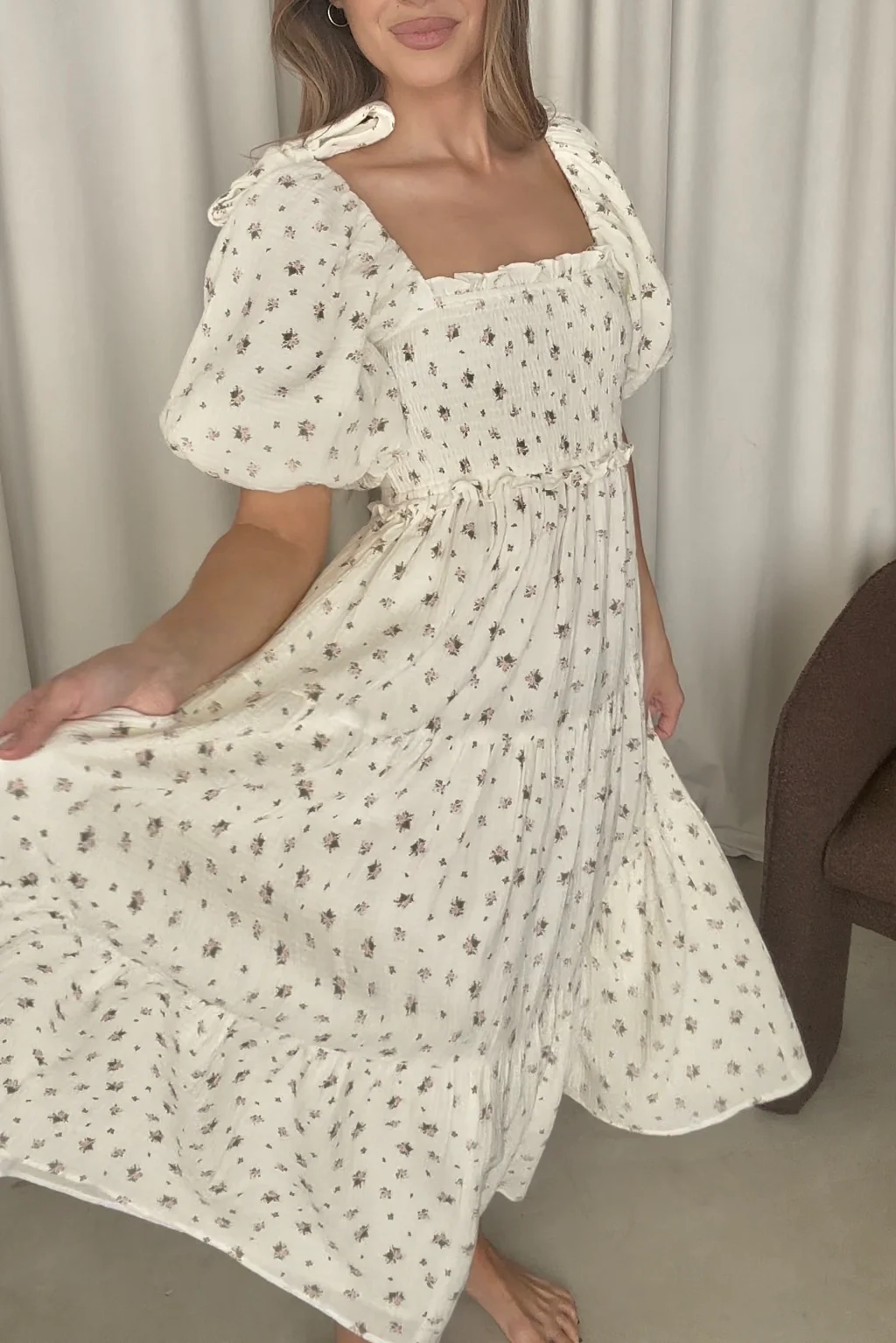Elena 100% Cotton Midi Dress in Off-White/Pink Floral -Bump Friendly - Image 14