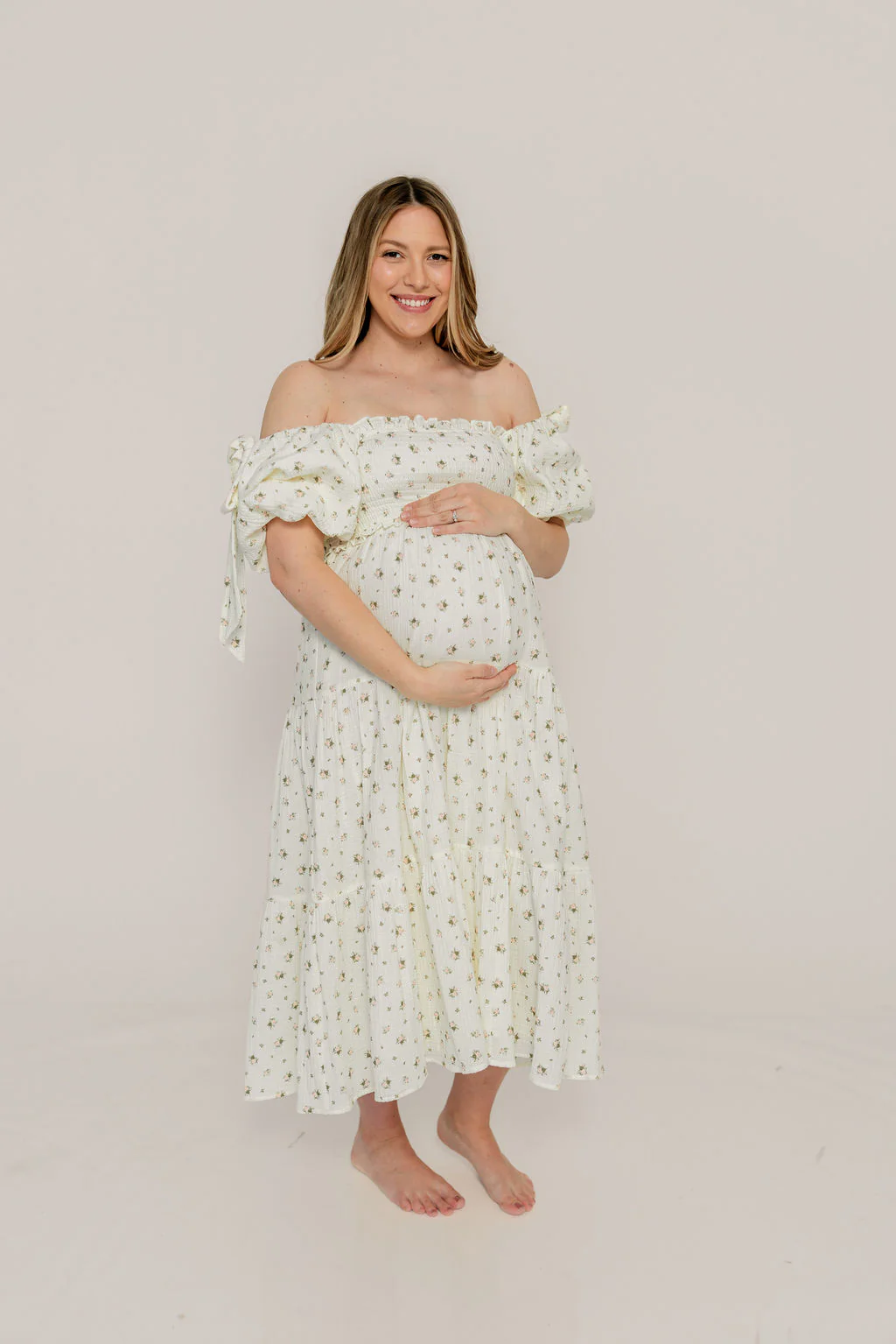 Elena 100% Cotton Midi Dress in Off-White/Pink Floral -Bump Friendly - Image 21