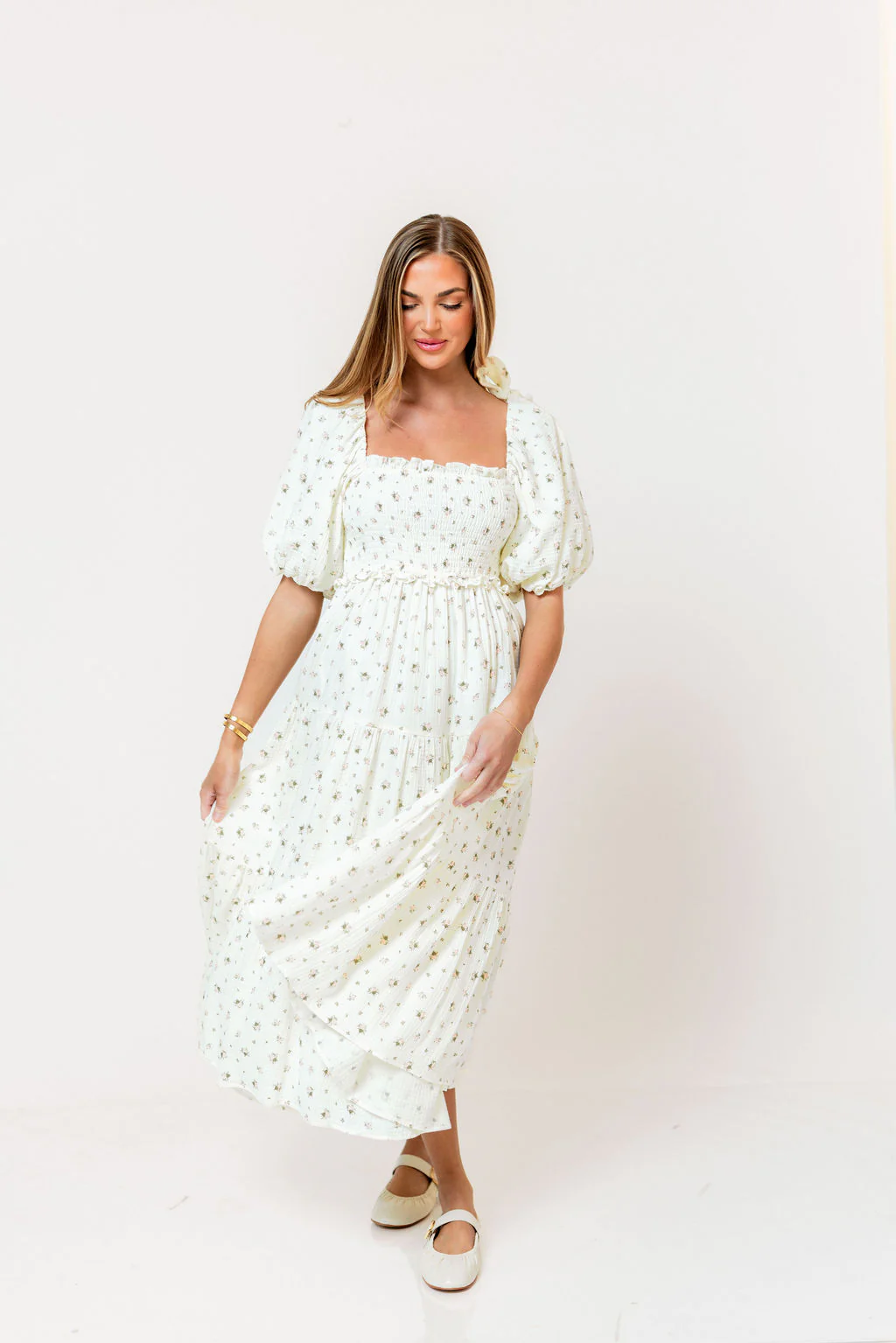 Elena 100% Cotton Midi Dress in Off-White/Pink Floral -Bump Friendly - Image 3