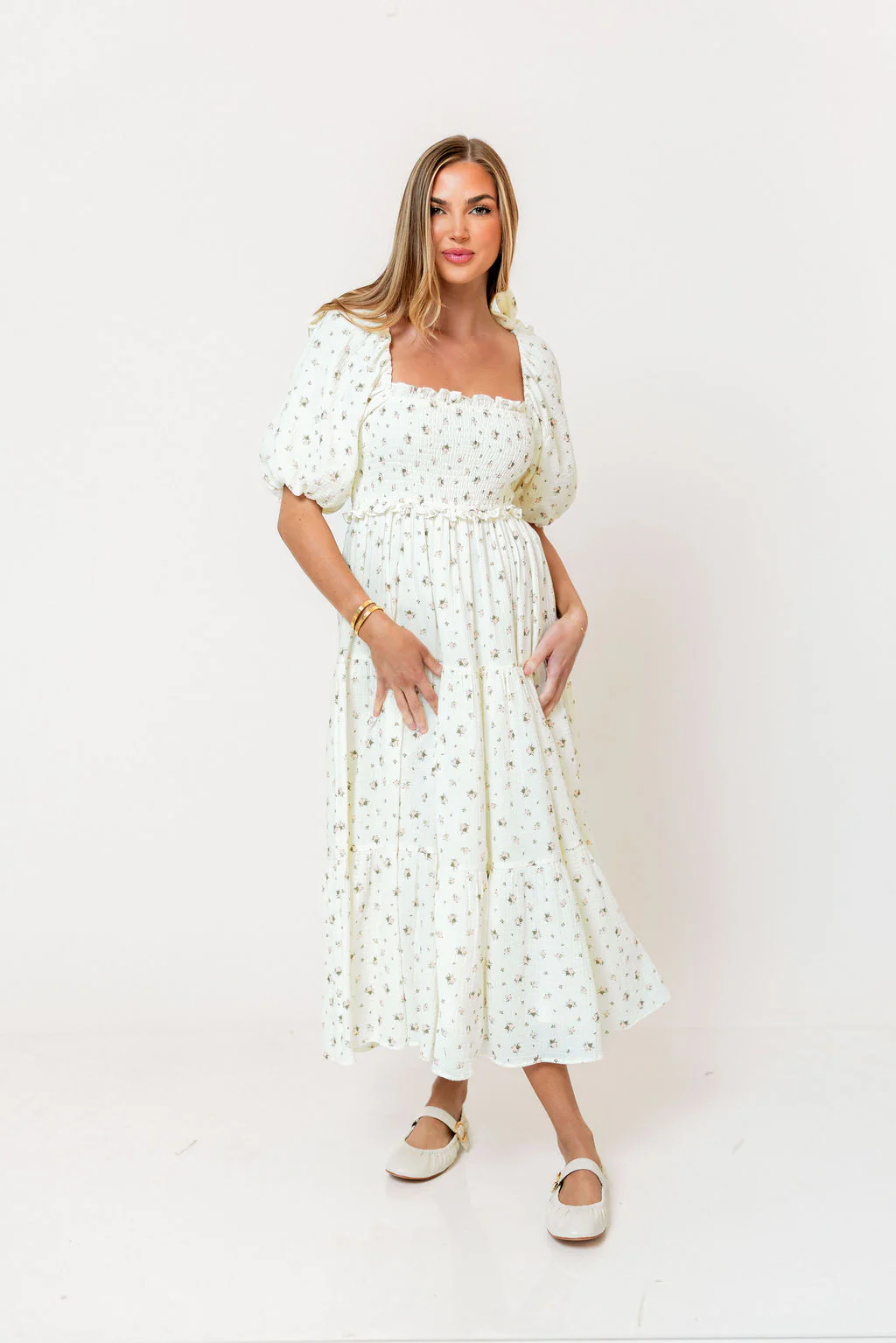 Elena 100% Cotton Midi Dress in Off-White/Pink Floral -Bump Friendly - Image 5