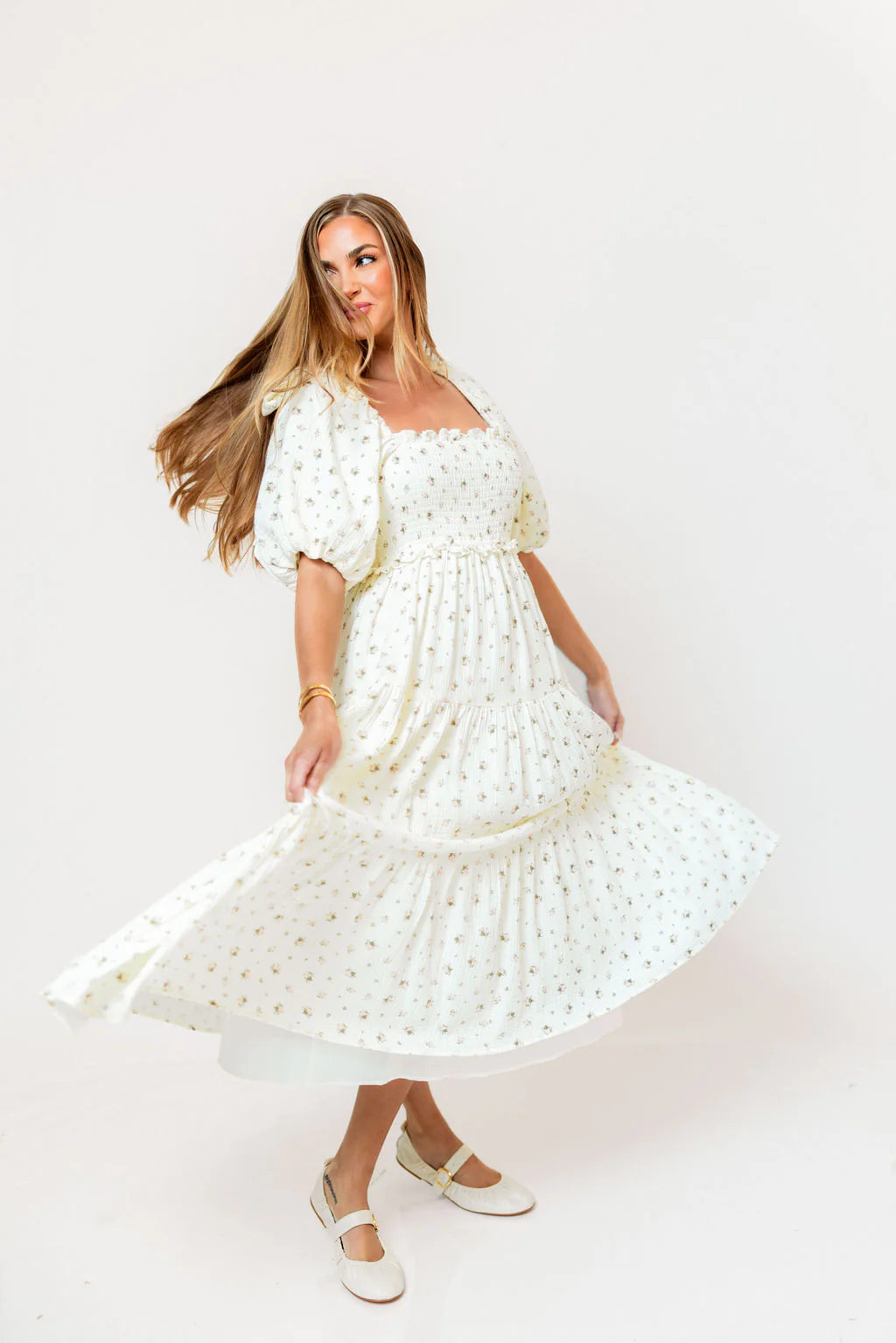 Elena 100% Cotton Midi Dress in Off-White/Pink Floral -Bump Friendly - Image 6