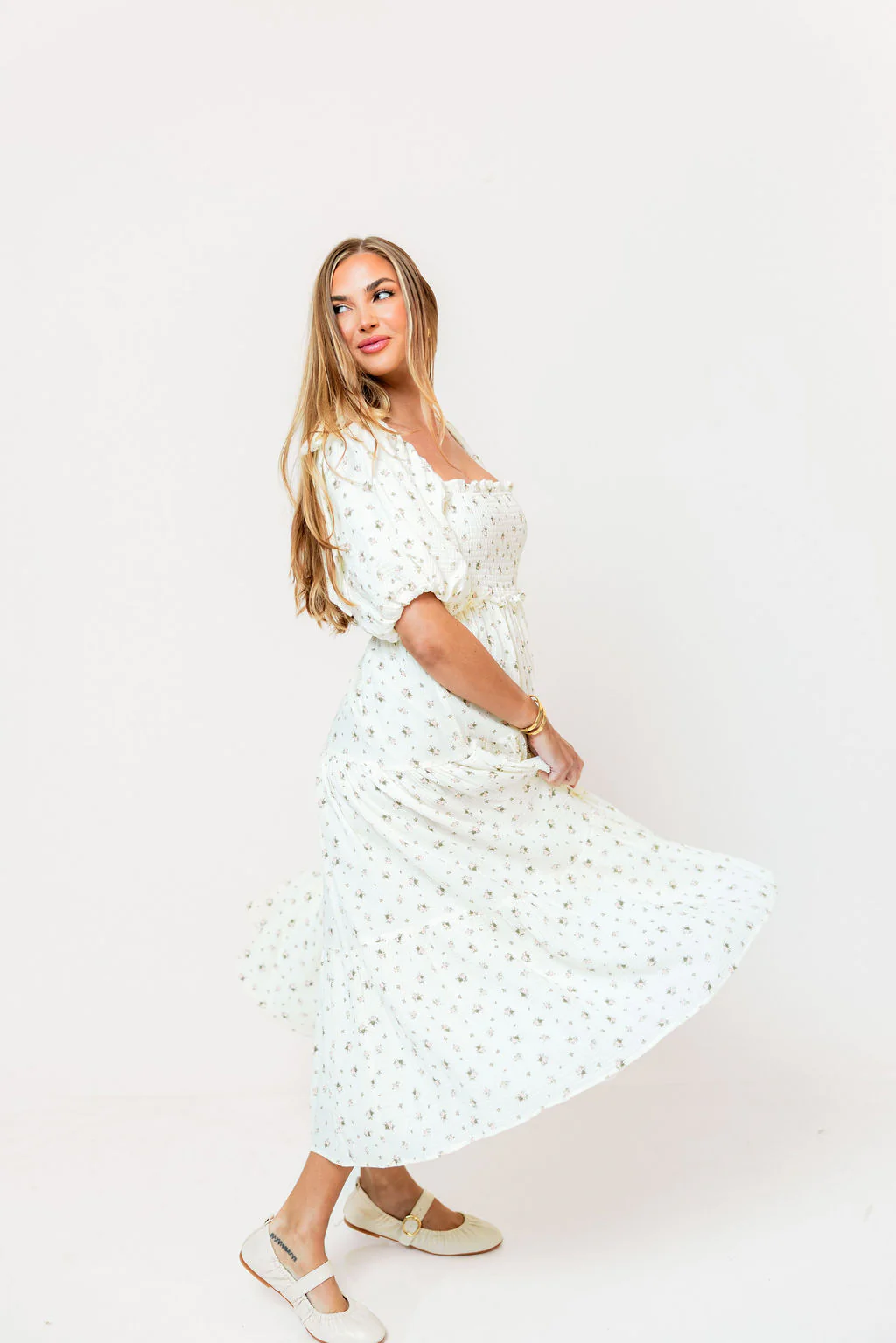Elena 100% Cotton Midi Dress in Off-White/Pink Floral -Bump Friendly - Image 7