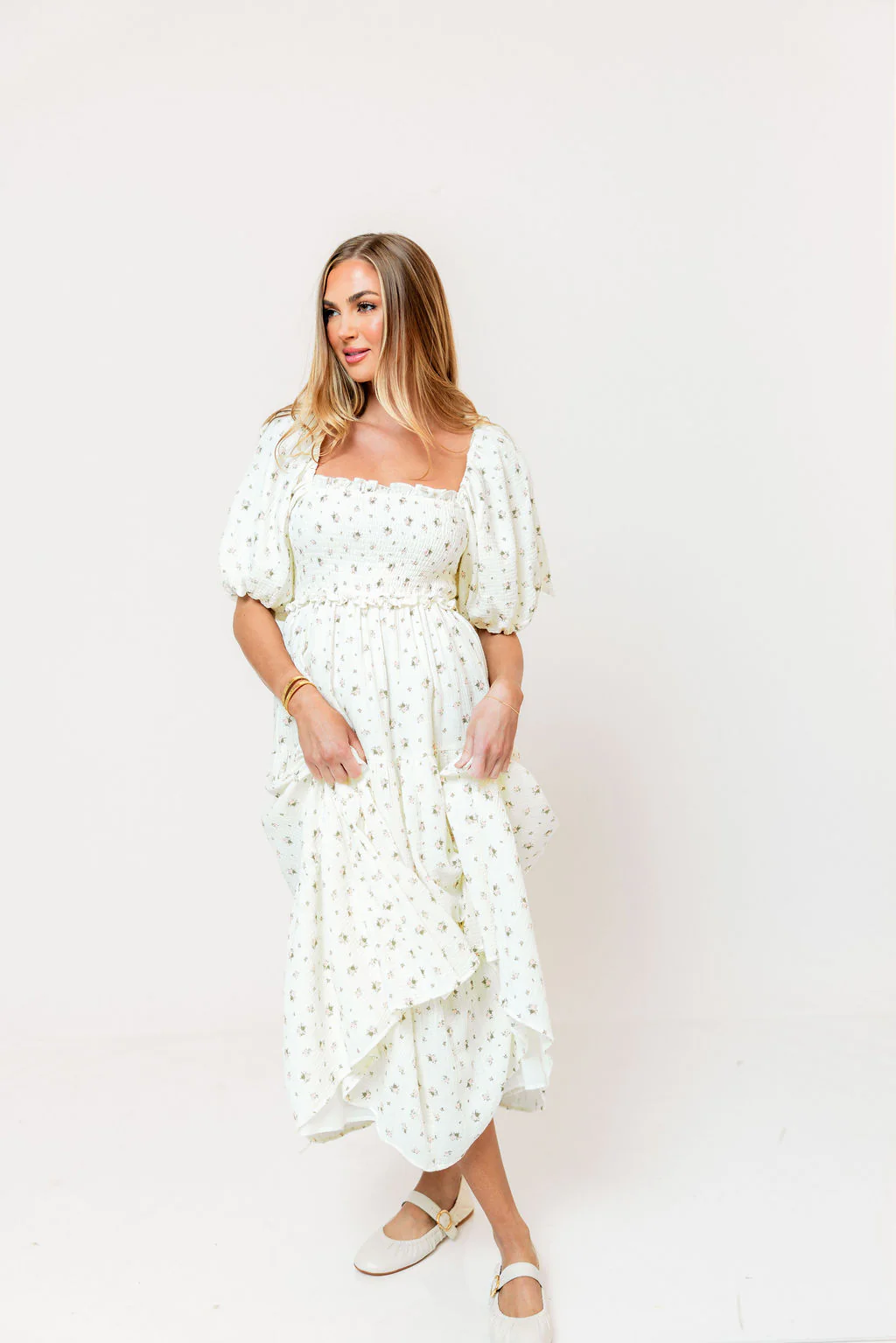Elena 100% Cotton Midi Dress in Off-White/Pink Floral -Bump Friendly - Image 8