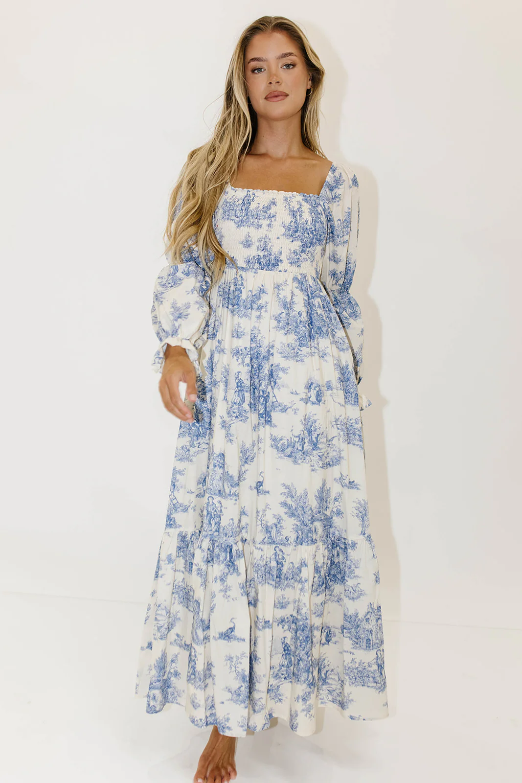 Emerson 100% Cotton Smocked Maxi Dress with Long Sleeves in Scenic Blue - Bump Friendly & Inclusive Sizing