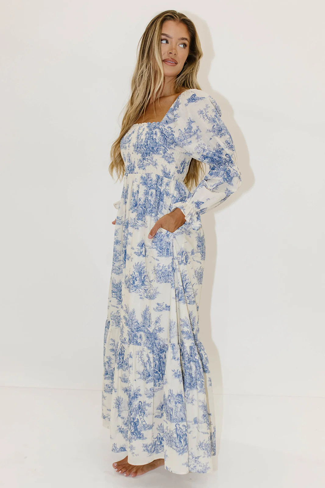 Emerson 100% Cotton Smocked Maxi Dress with Long Sleeves in Scenic Blue - Bump Friendly & Inclusive Sizing - Image 13