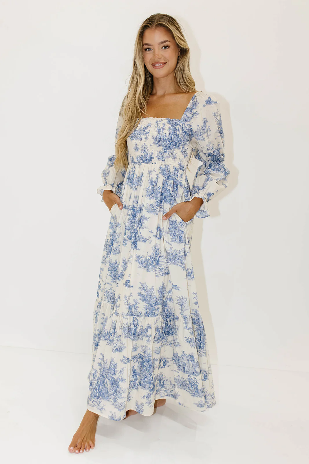 Emerson 100% Cotton Smocked Maxi Dress with Long Sleeves in Scenic Blue - Bump Friendly & Inclusive Sizing - Image 14