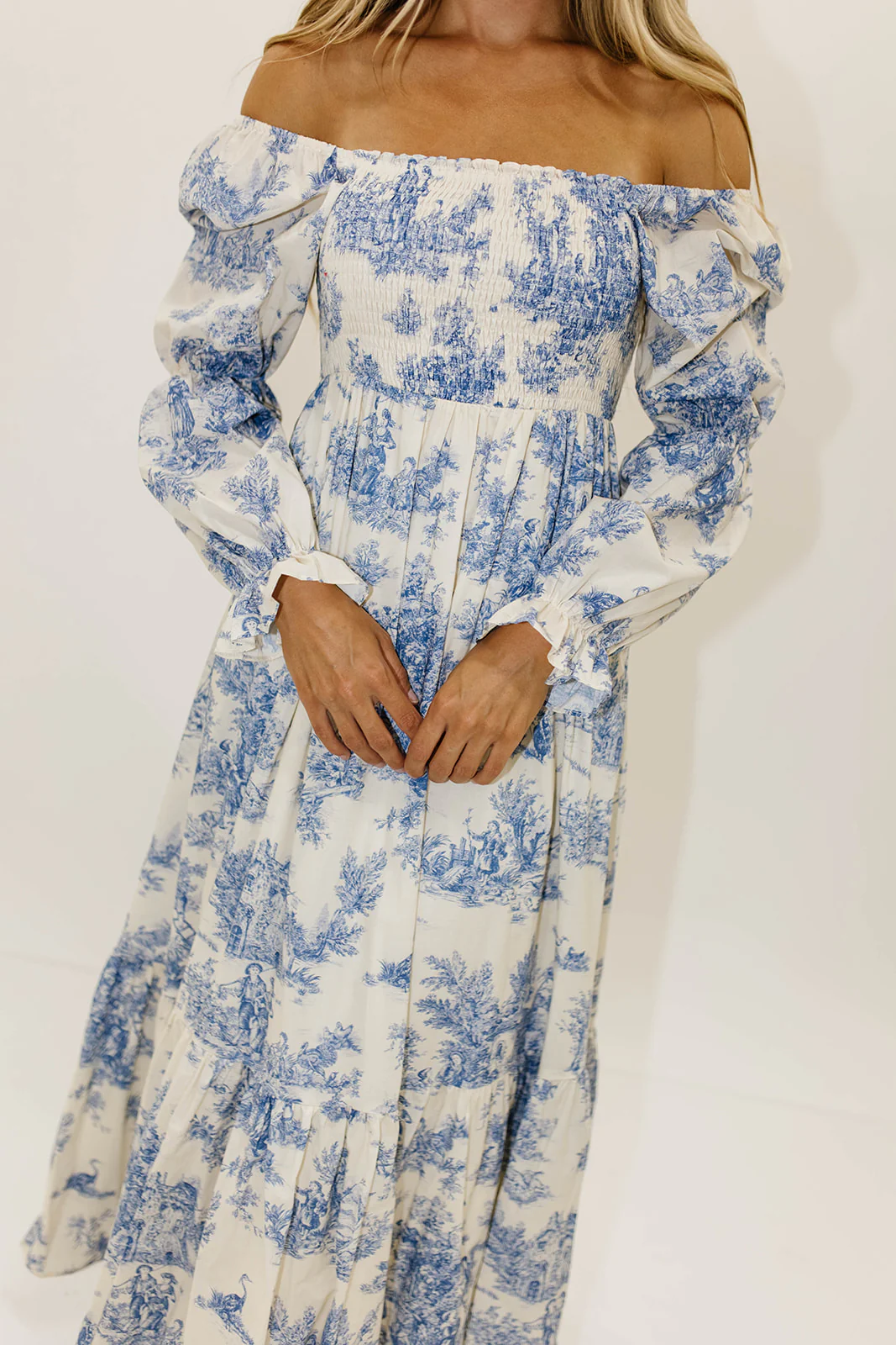 Emerson 100% Cotton Smocked Maxi Dress with Long Sleeves in Scenic Blue - Bump Friendly & Inclusive Sizing - Image 18