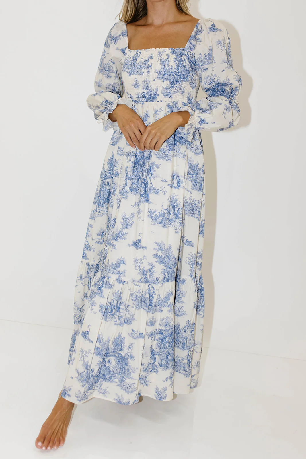 Emerson 100% Cotton Smocked Maxi Dress with Long Sleeves in Scenic Blue - Bump Friendly & Inclusive Sizing - Image 3