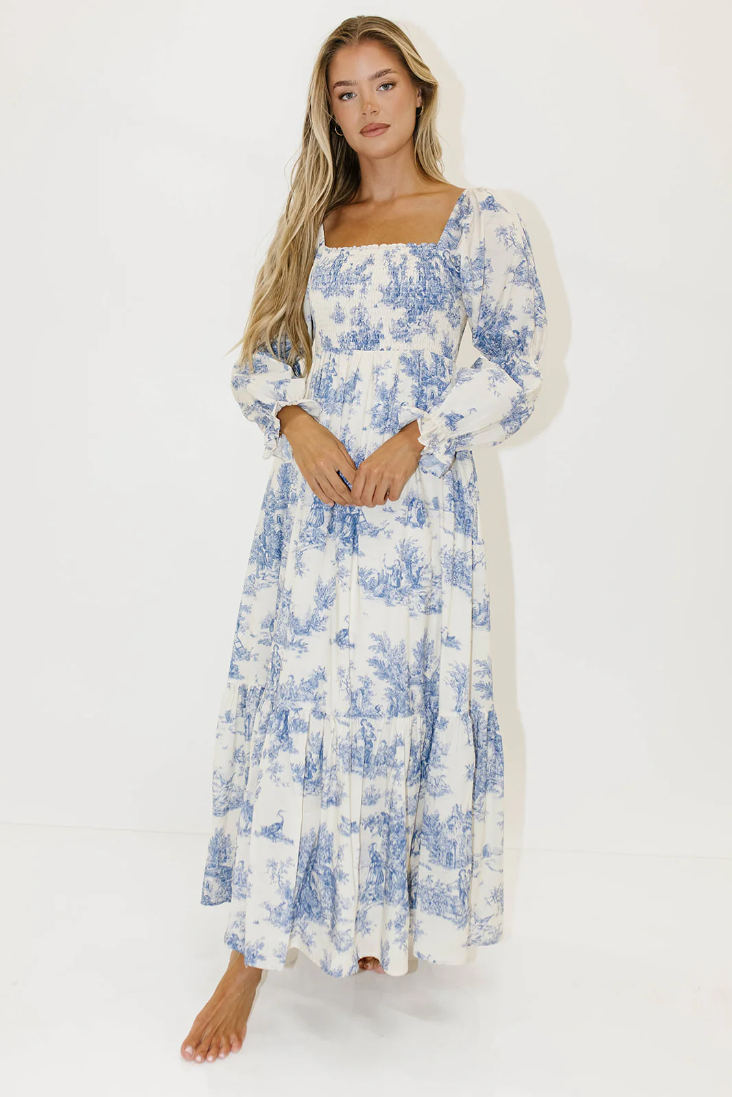 Emerson 100% Cotton Smocked Maxi Dress with Long Sleeves in Scenic Blue - Bump Friendly & Inclusive Sizing - Image 4
