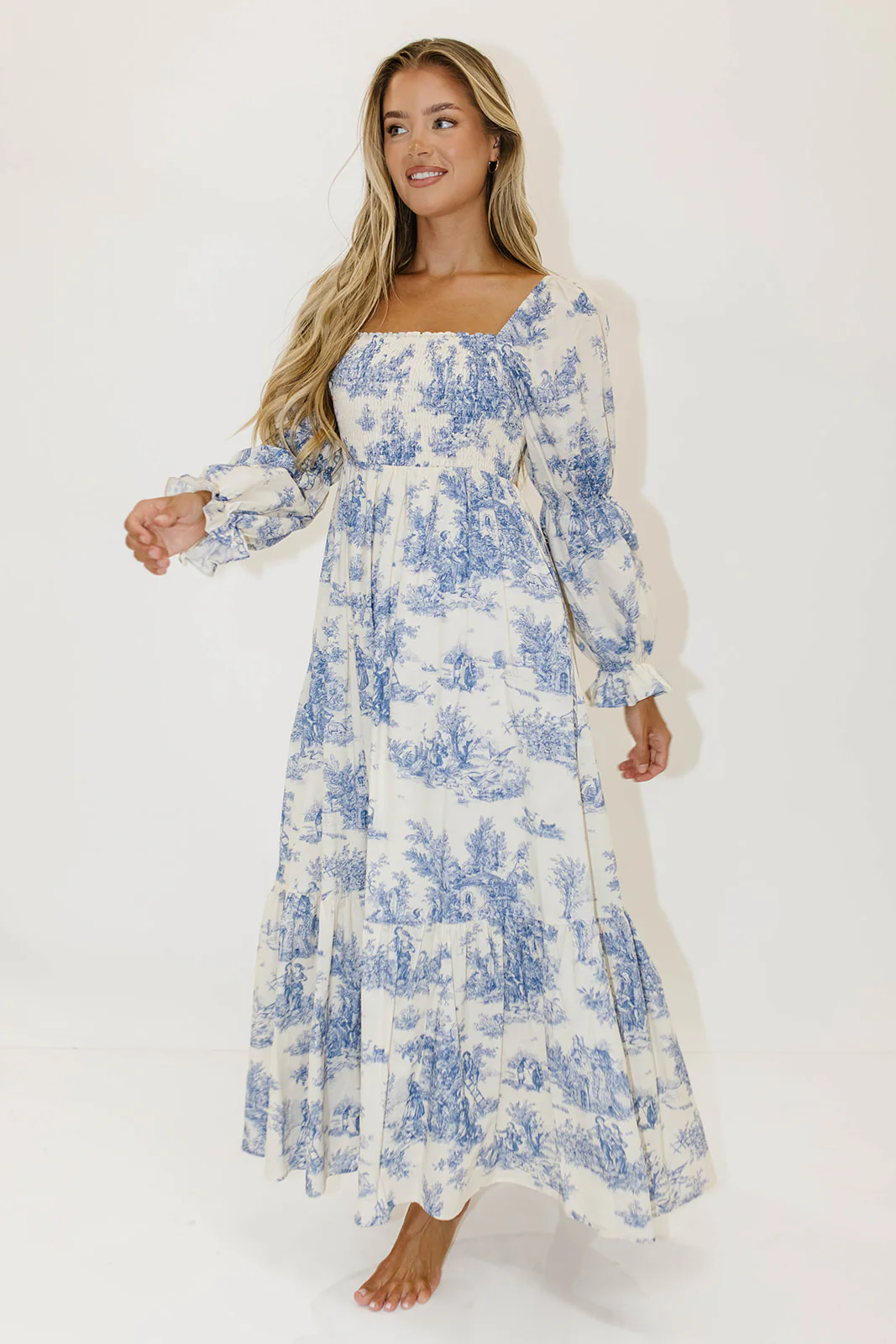 Emerson 100% Cotton Smocked Maxi Dress with Long Sleeves in Scenic Blue - Bump Friendly & Inclusive Sizing - Image 7