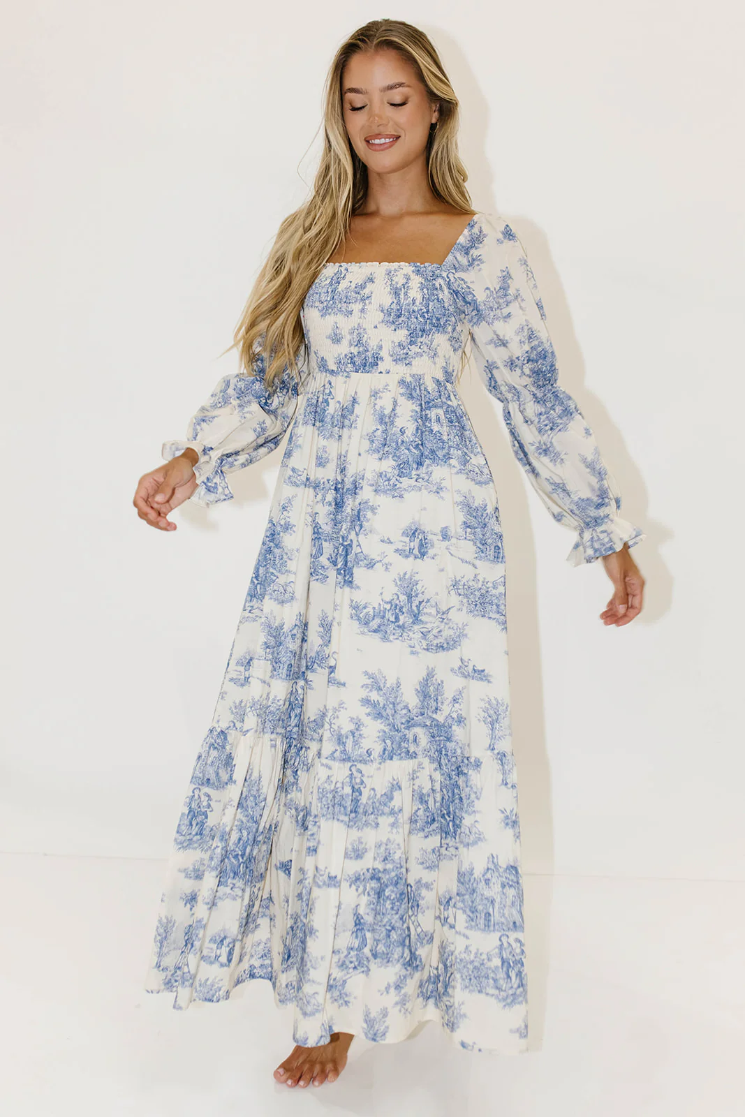 Emerson 100% Cotton Smocked Maxi Dress with Long Sleeves in Scenic Blue - Bump Friendly & Inclusive Sizing - Image 8