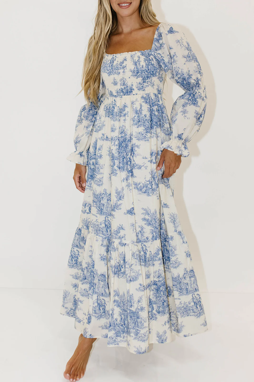 Emerson 100% Cotton Smocked Maxi Dress with Long Sleeves in Scenic Blue - Bump Friendly & Inclusive Sizing - Image 9