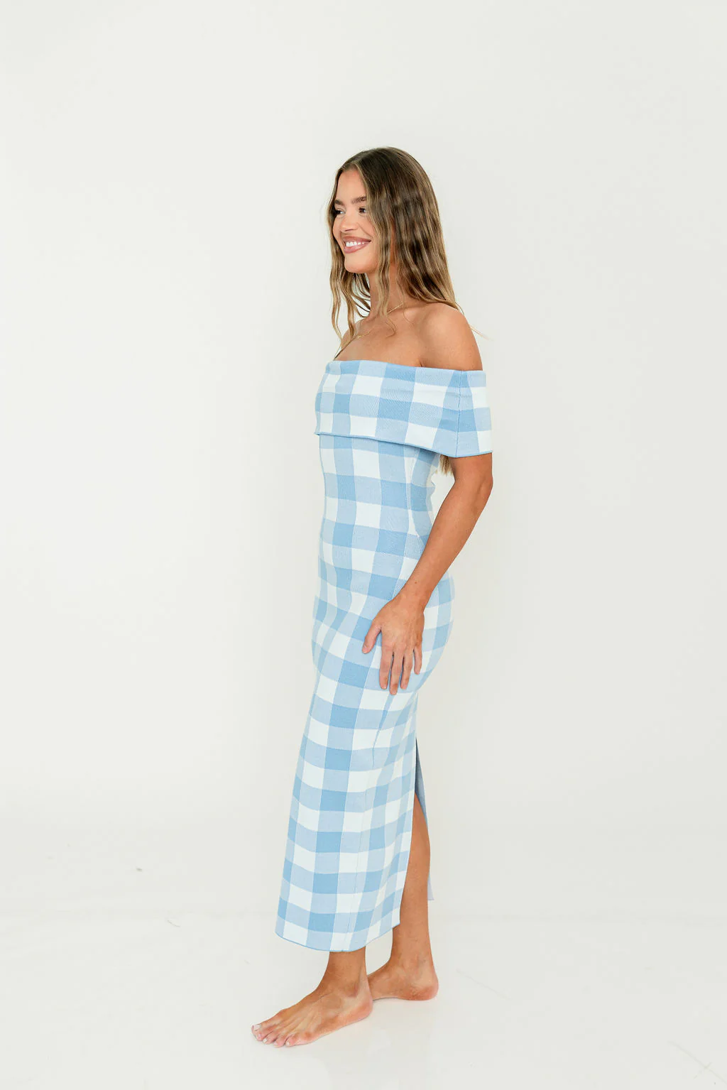 Carrie Gingham Plaid Off Shoulder Midi Dress in Blue - Image 5