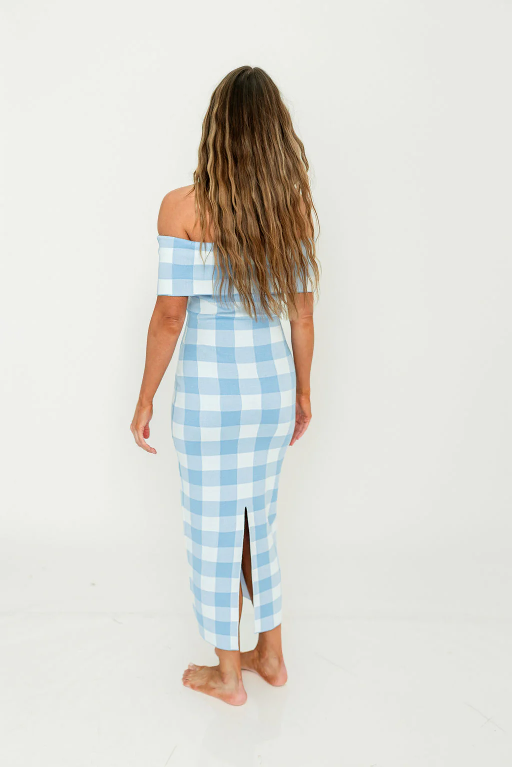 Carrie Gingham Plaid Off Shoulder Midi Dress in Blue - Image 7