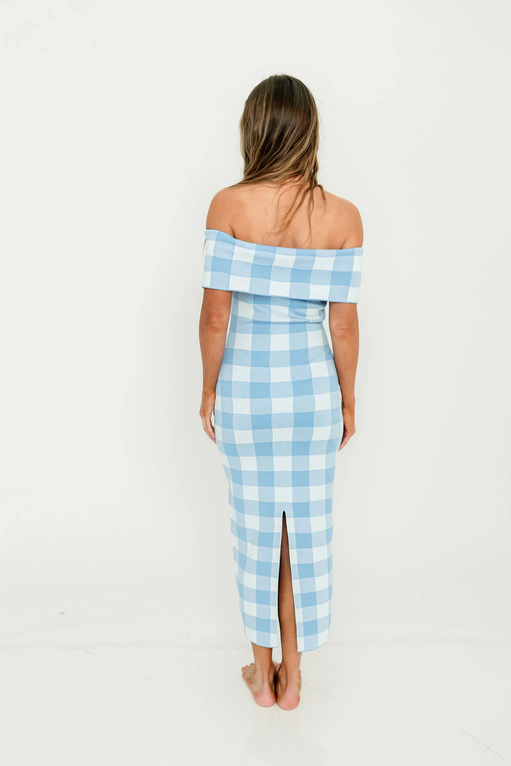 Carrie Gingham Plaid Off Shoulder Midi Dress in Blue - Image 8