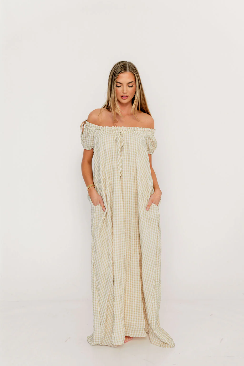 Ensley 100% Cotton Maxi Dress in Green Haze Plaid - Bump Friendly - Image 2