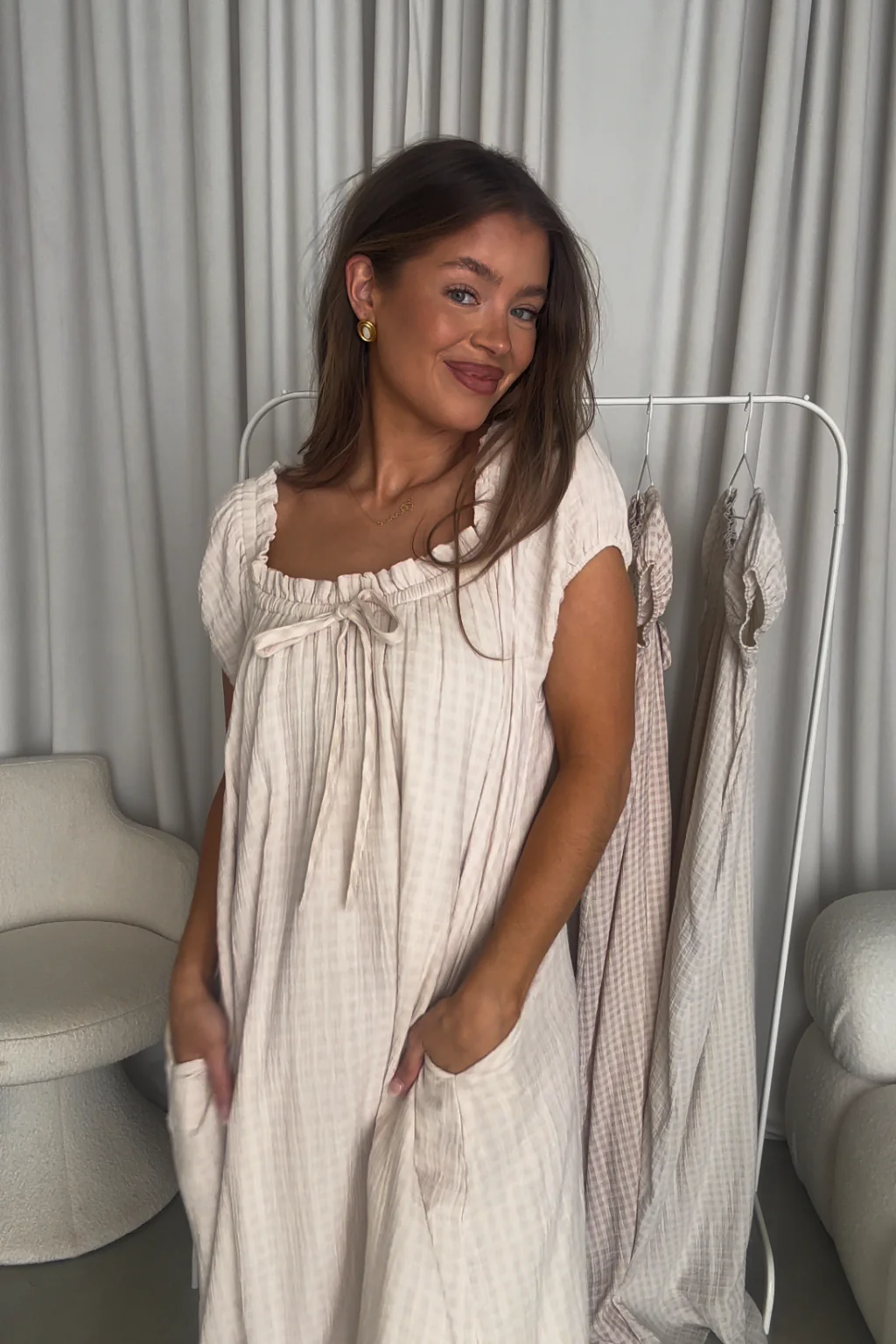 Ensley 100% Cotton Maxi Dress in Pale Pink Plaid - Bump Friendly - Image 5