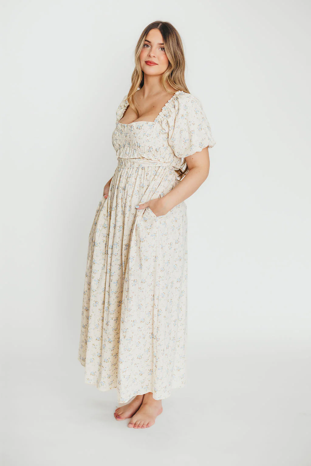 Finley 100% Cotton Peplum Midi Dress in Ivory/Blue - Bump & Nursing Friendly - Image 10
