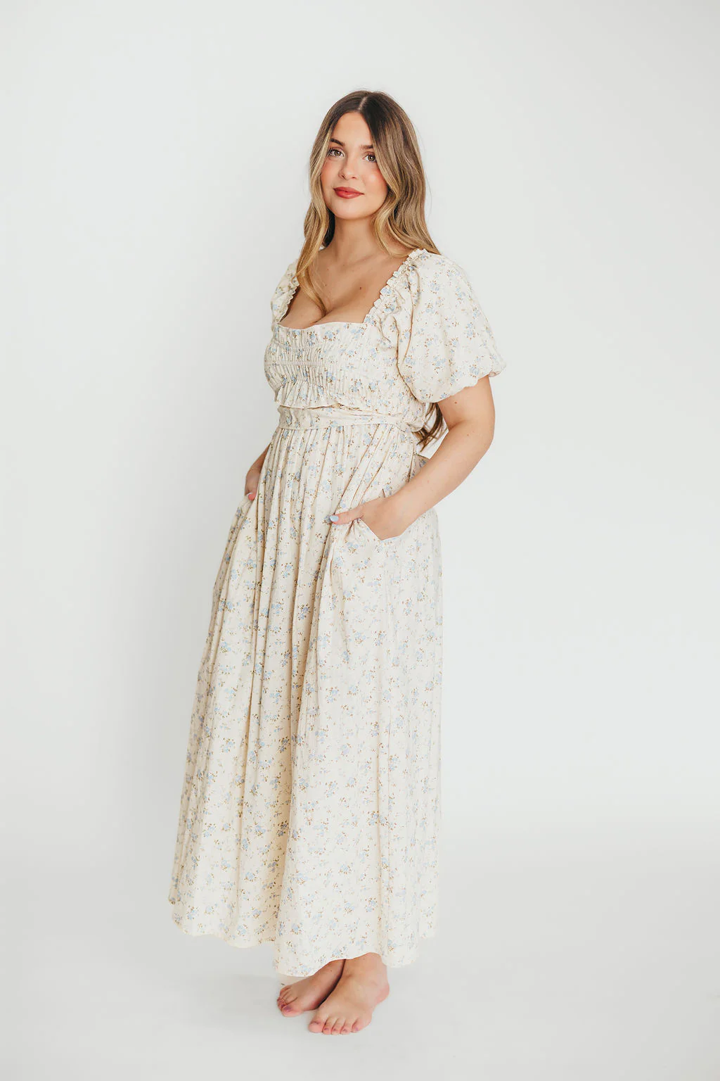 Finley 100% Cotton Peplum Midi Dress in Ivory/Blue - Bump & Nursing Friendly - Image 12
