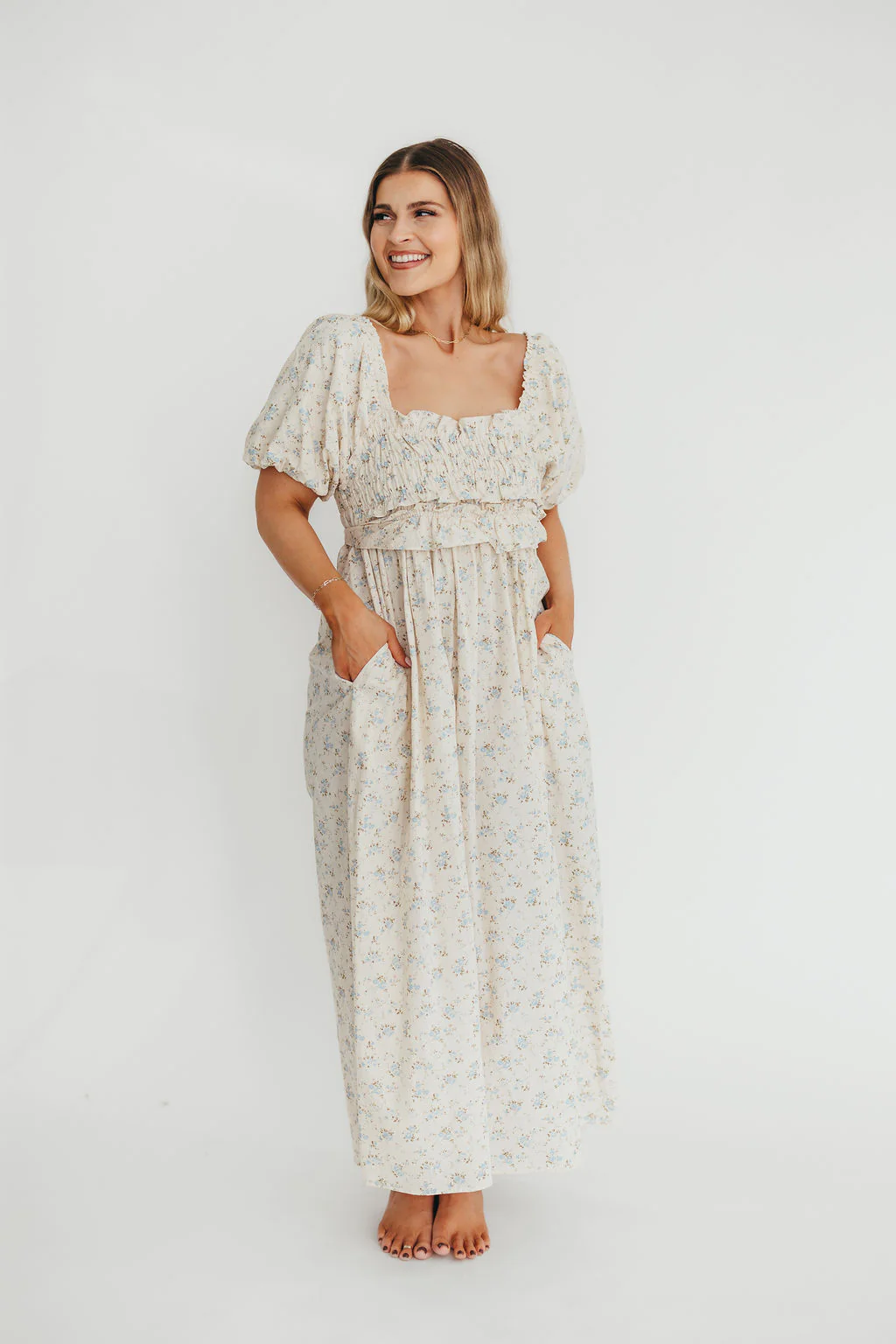 Finley 100% Cotton Peplum Midi Dress in Ivory/Blue - Bump & Nursing Friendly - Image 3