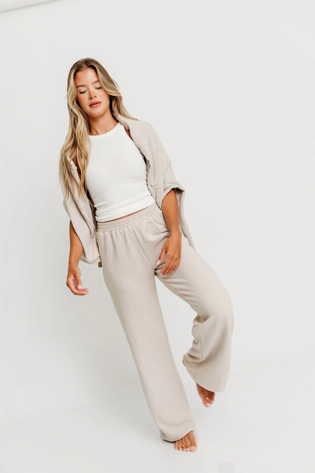 Campbell Striped Fleece Lounge Pants in Cream/Grey *Worth Exclusive Print* - Image 10