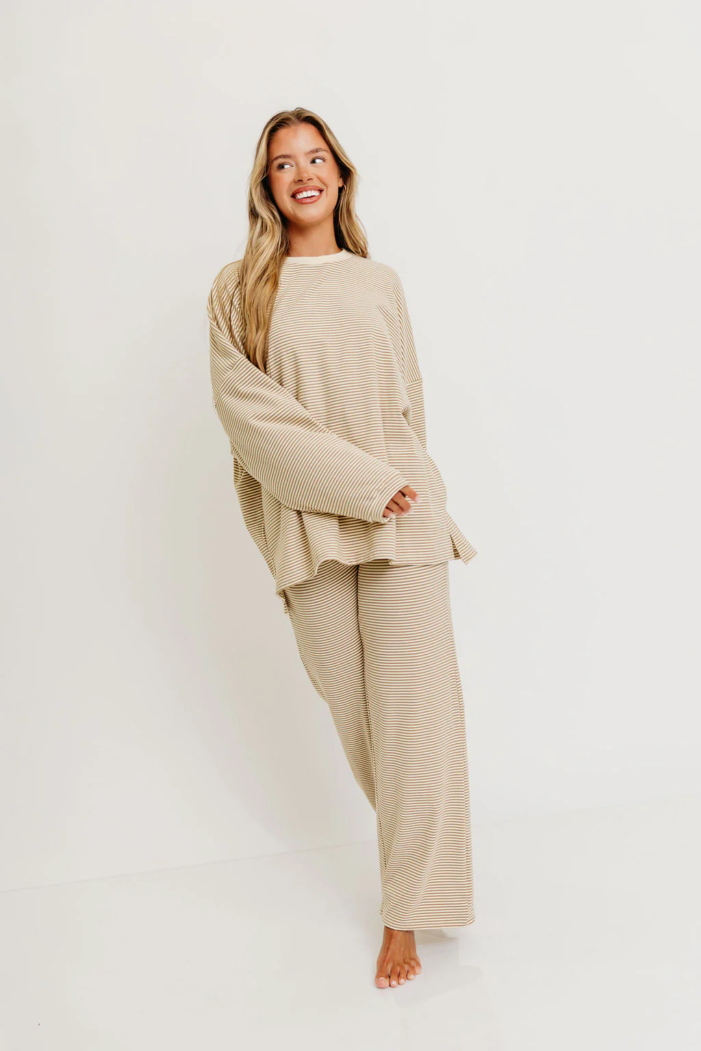 Naomi Striped Oversized Fleece Long Sleeve Top in Beige - Bump Friendly - Image 4
