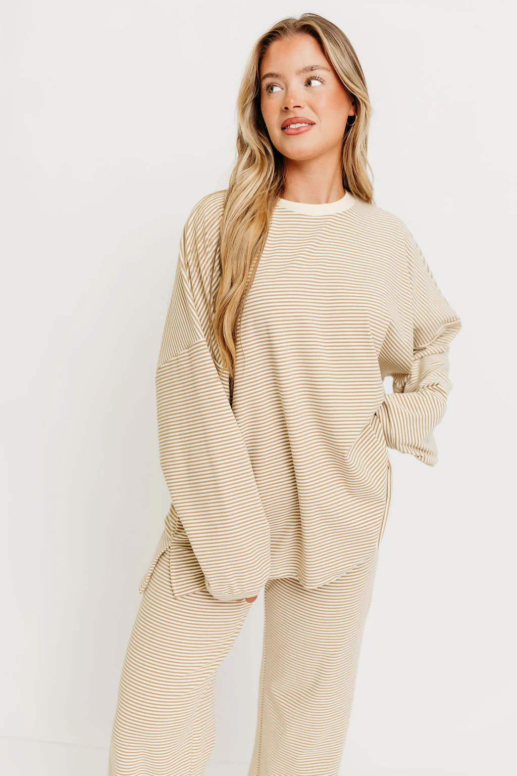 Naomi Striped Oversized Fleece Long Sleeve Top in Beige - Bump Friendly - Image 5