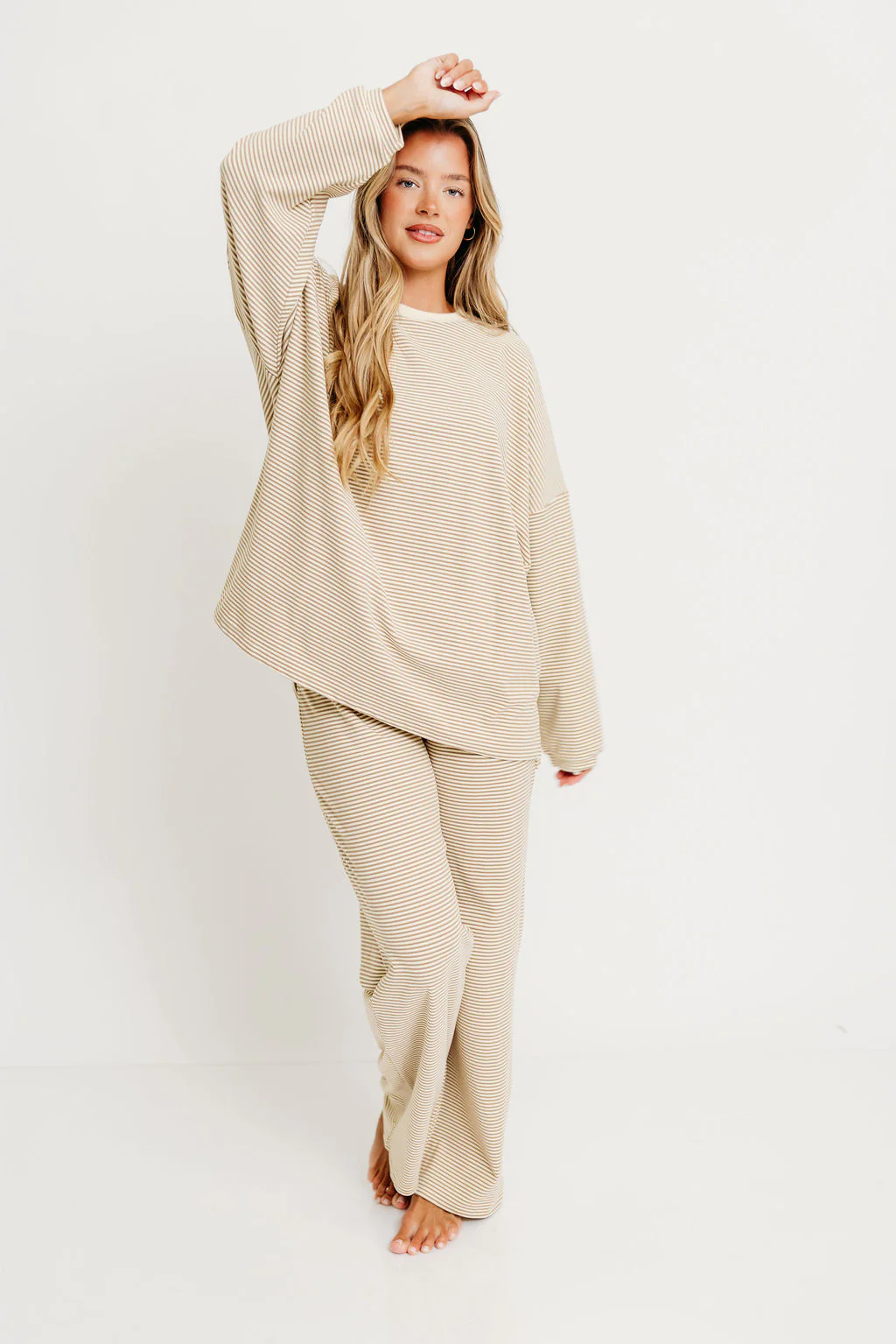 Naomi Striped Oversized Fleece Long Sleeve Top in Beige - Bump Friendly - Image 9