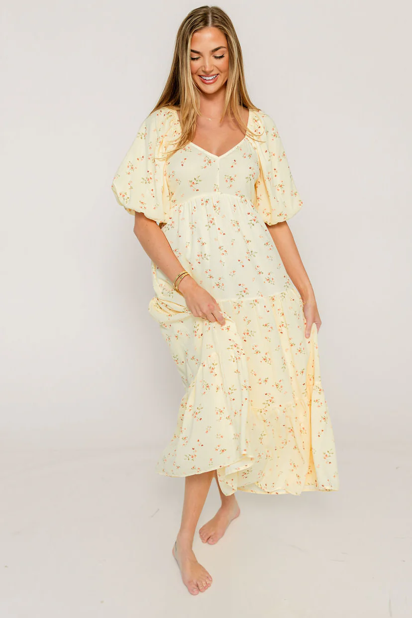 Jules Floral Print Bubble Sleeve Tiered Maxi Dress in Light Yellow