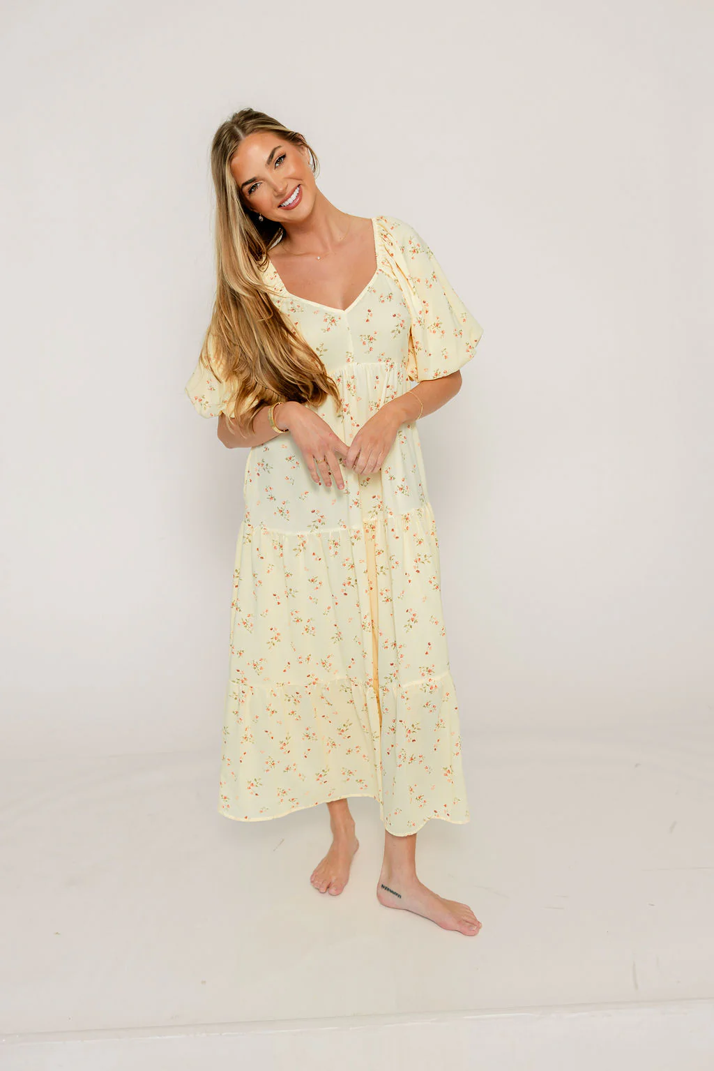 Jules Floral Print Bubble Sleeve Tiered Maxi Dress in Light Yellow - Image 2