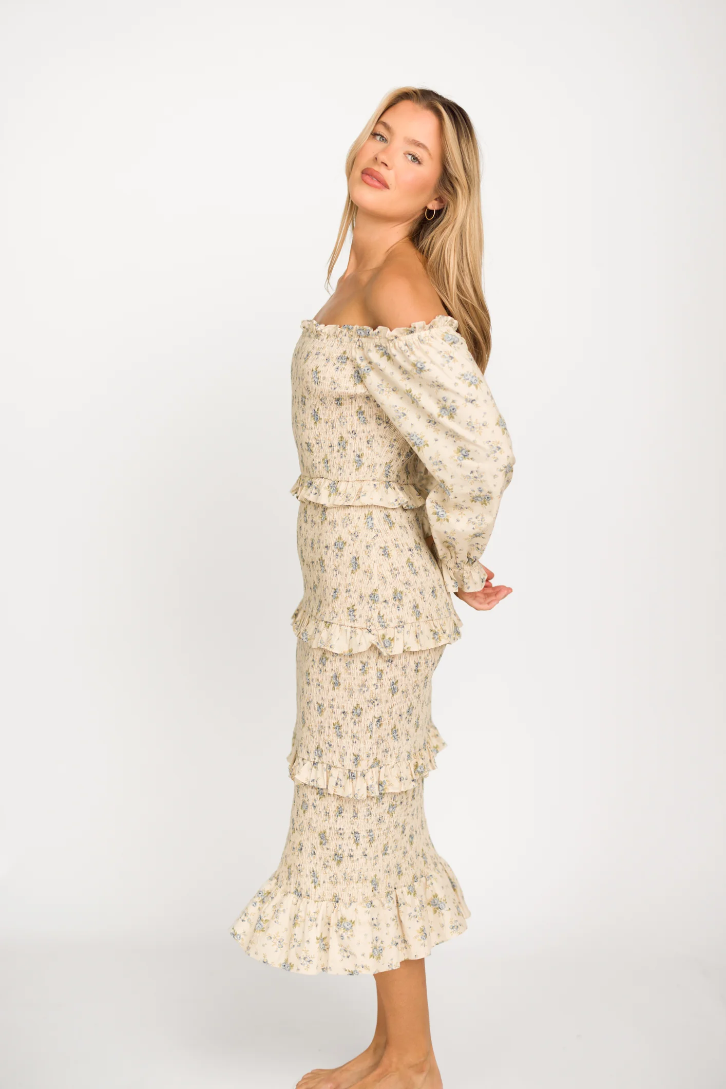 Lila Floral Printed Smocked Midi Dress in Blue - Bump Friendly *Final-Sale* - Image 10
