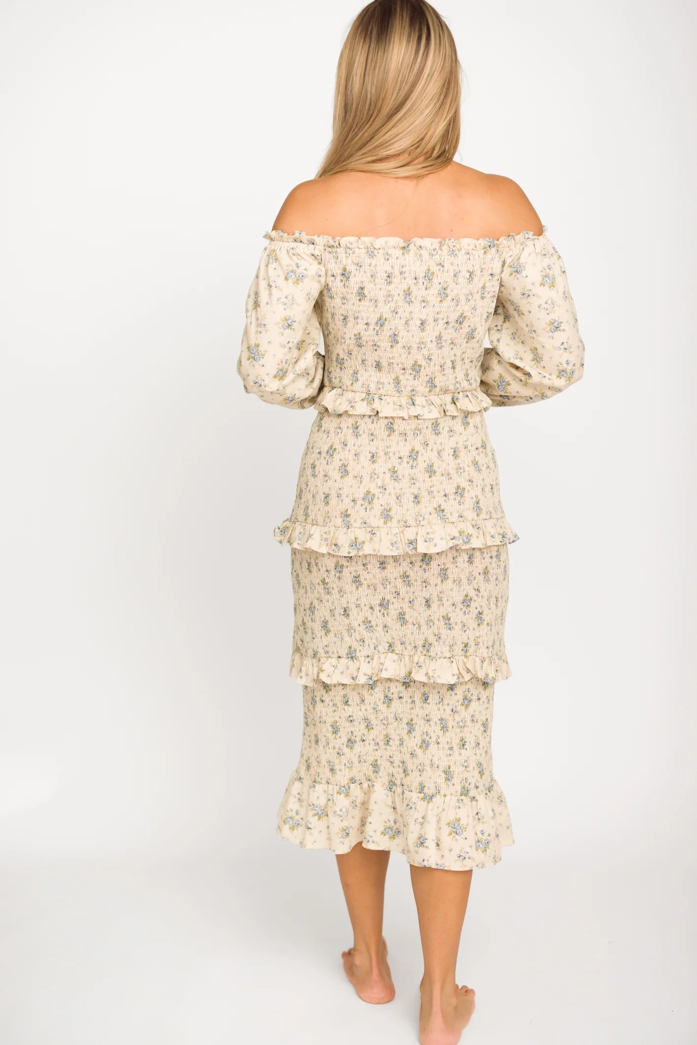 Lila Floral Printed Smocked Midi Dress in Blue - Bump Friendly *Final-Sale* - Image 12