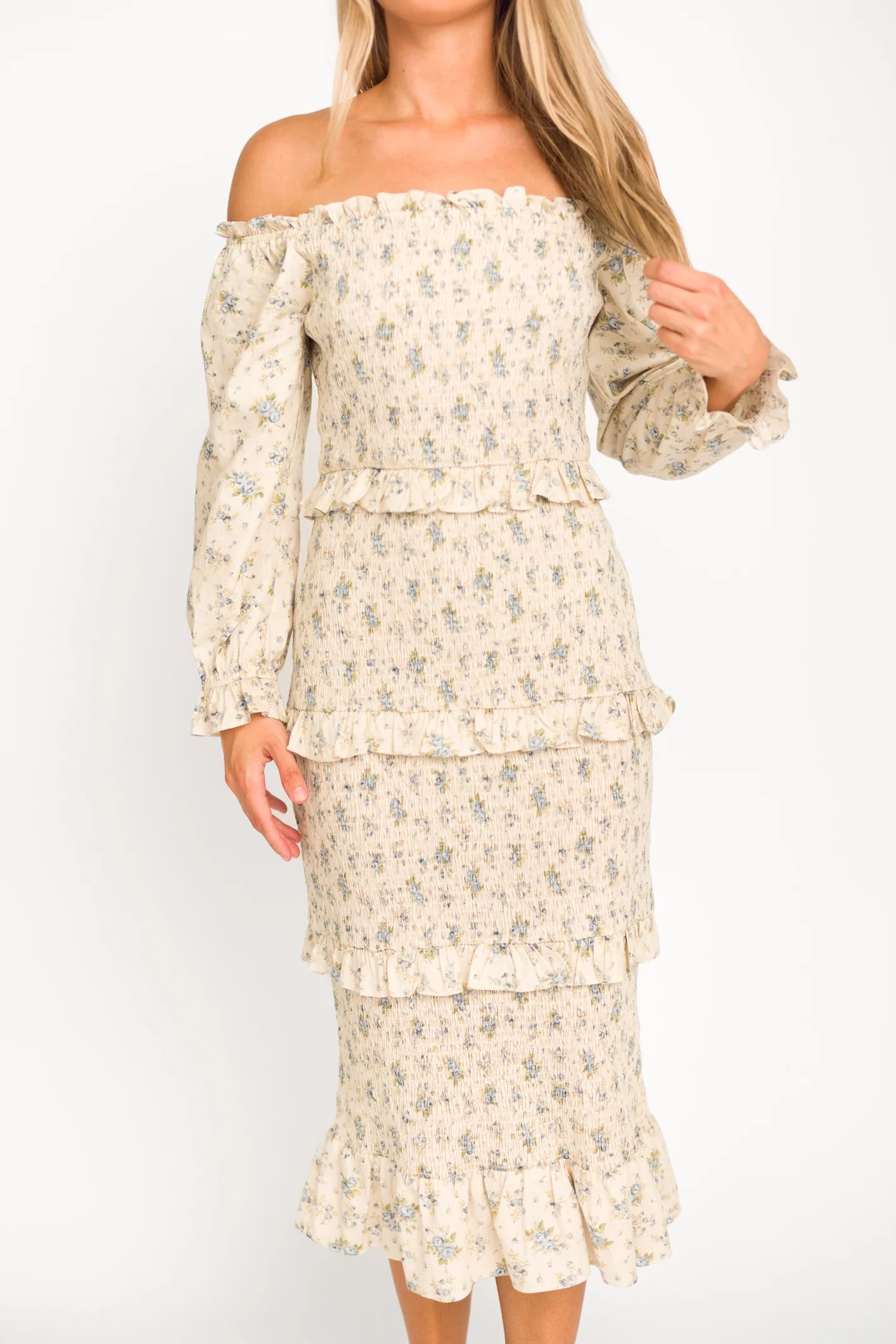 Lila Floral Printed Smocked Midi Dress in Blue - Bump Friendly *Final-Sale* - Image 14
