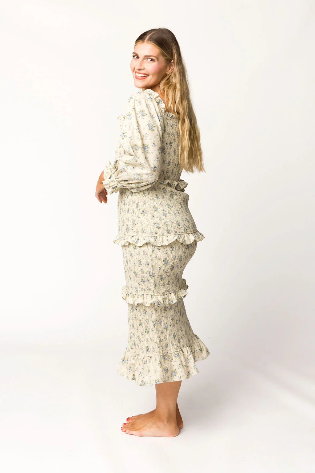 Lila Floral Printed Smocked Midi Dress in Blue - Bump Friendly *Final-Sale* - Image 15