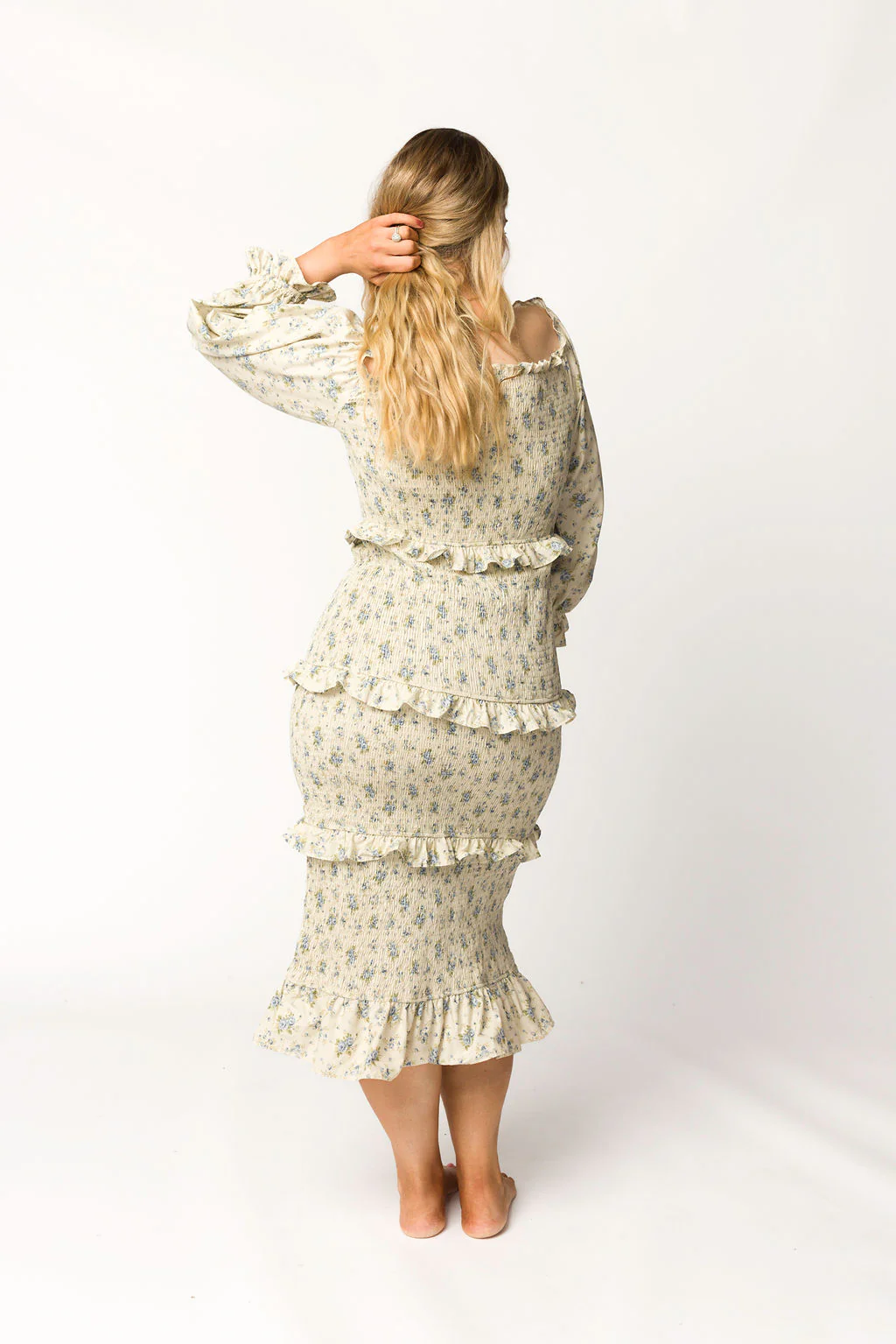 Lila Floral Printed Smocked Midi Dress in Blue - Bump Friendly *Final-Sale* - Image 16