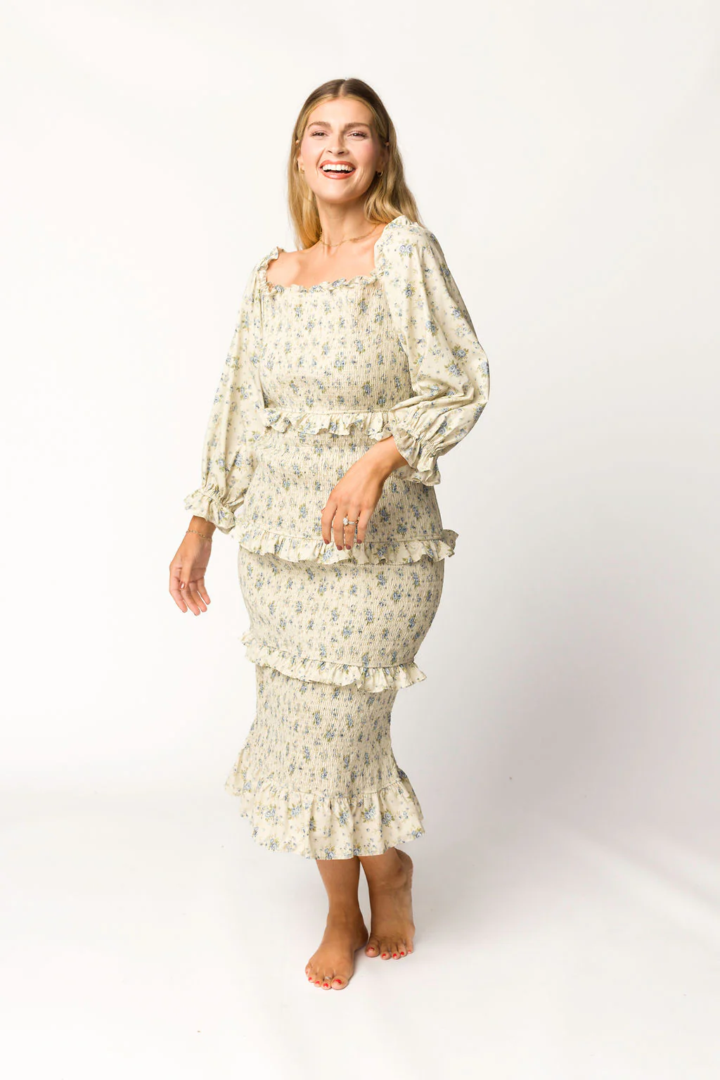 Lila Floral Printed Smocked Midi Dress in Blue - Bump Friendly *Final-Sale* - Image 17