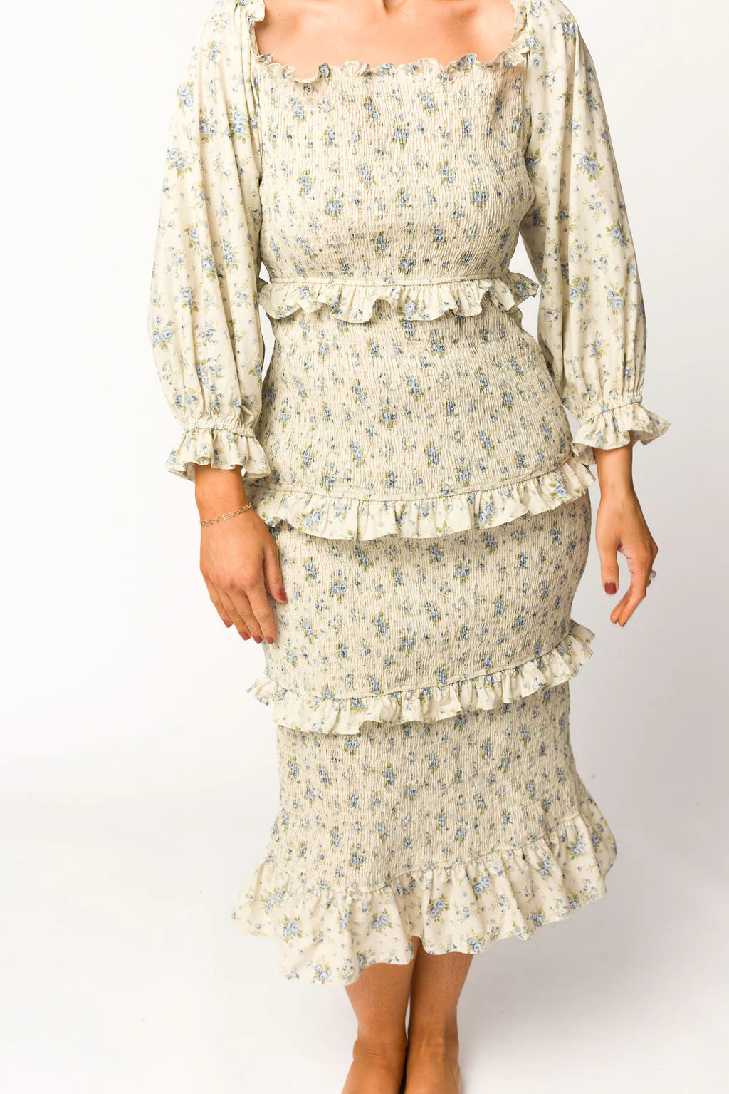 Lila Floral Printed Smocked Midi Dress in Blue - Bump Friendly *Final-Sale* - Image 18