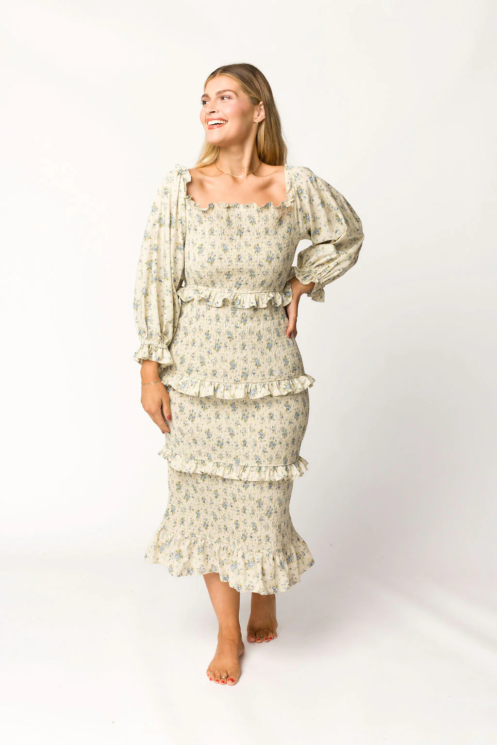 Lila Floral Printed Smocked Midi Dress in Blue - Bump Friendly *Final-Sale* - Image 3