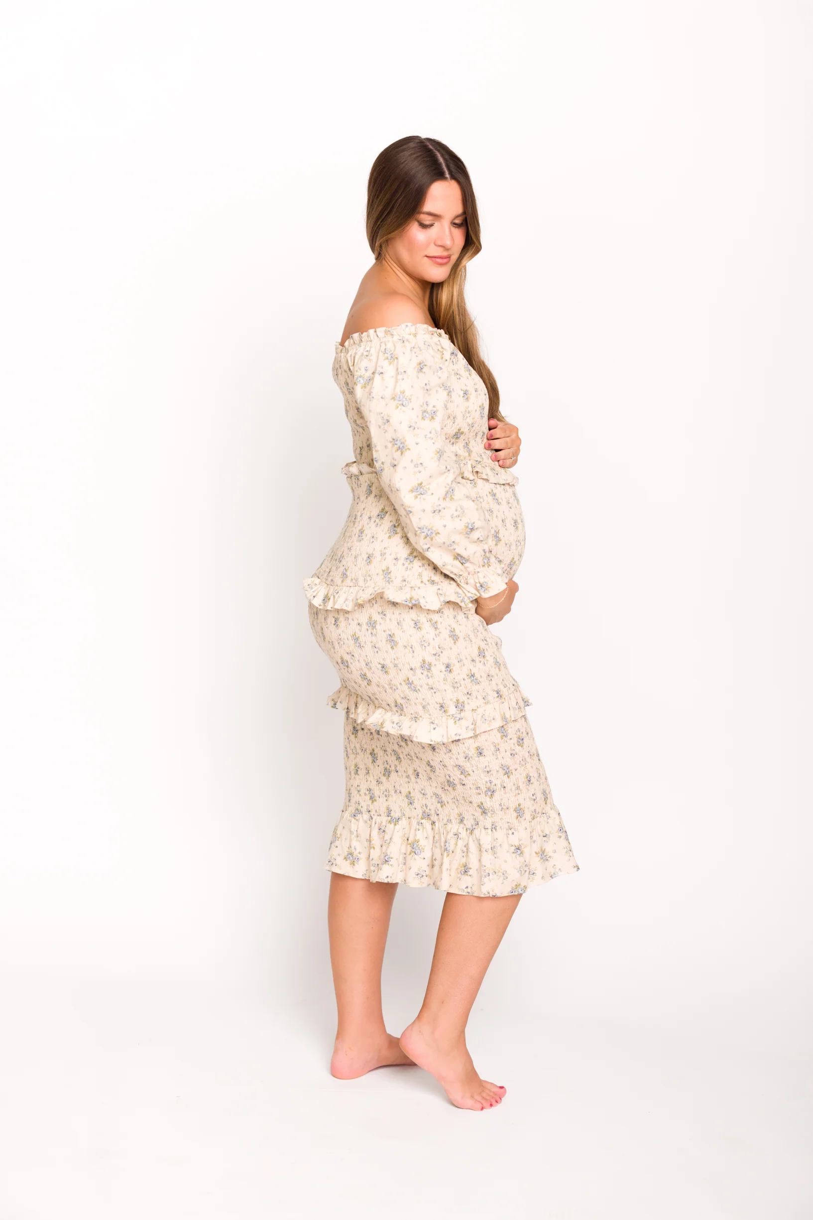 Lila Floral Printed Smocked Midi Dress in Blue - Bump Friendly *Final-Sale* - Image 5