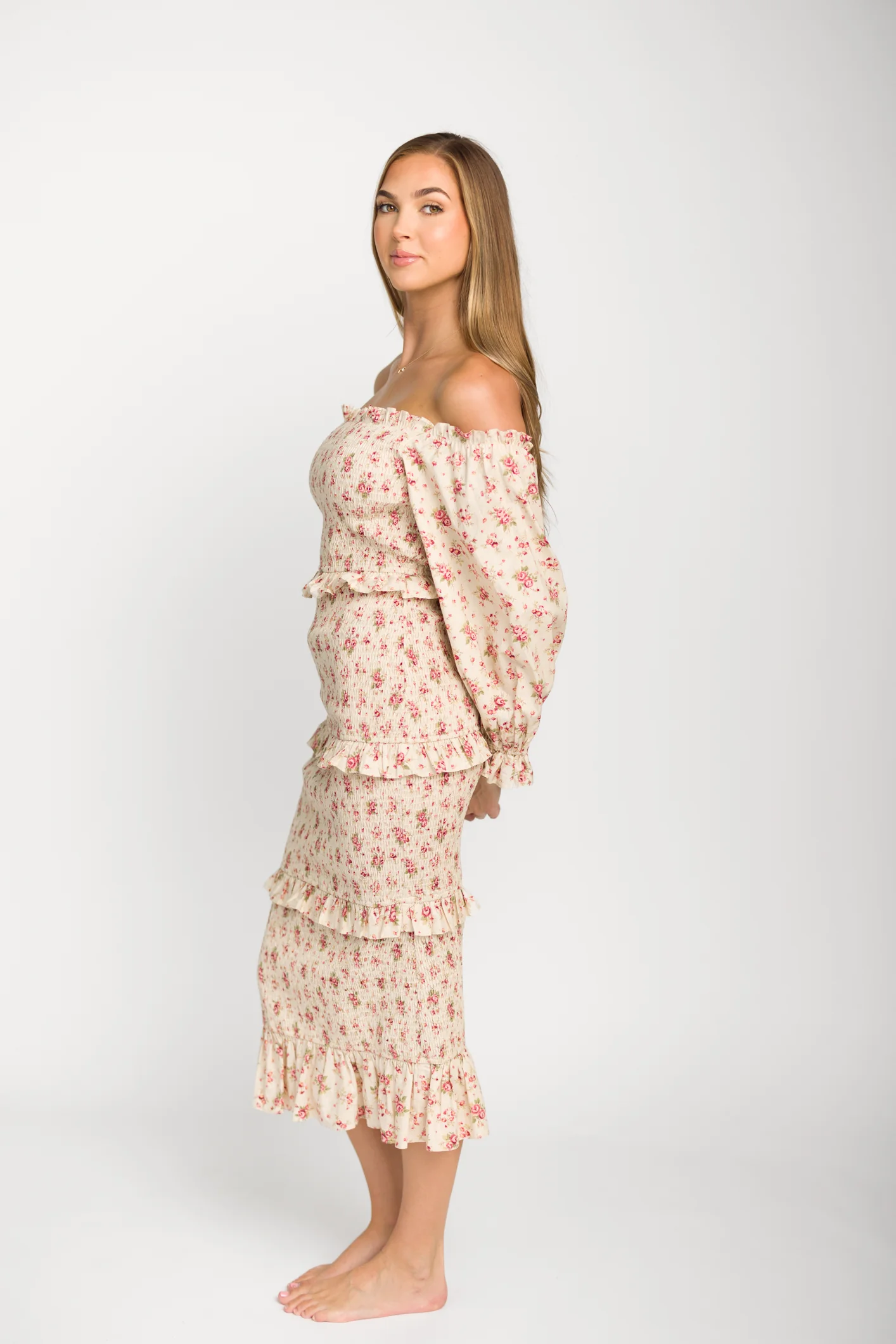 Lila Floral Printed Smocked Midi Dress in Pink - Bump Friendly *Final-Sale* - Image 11