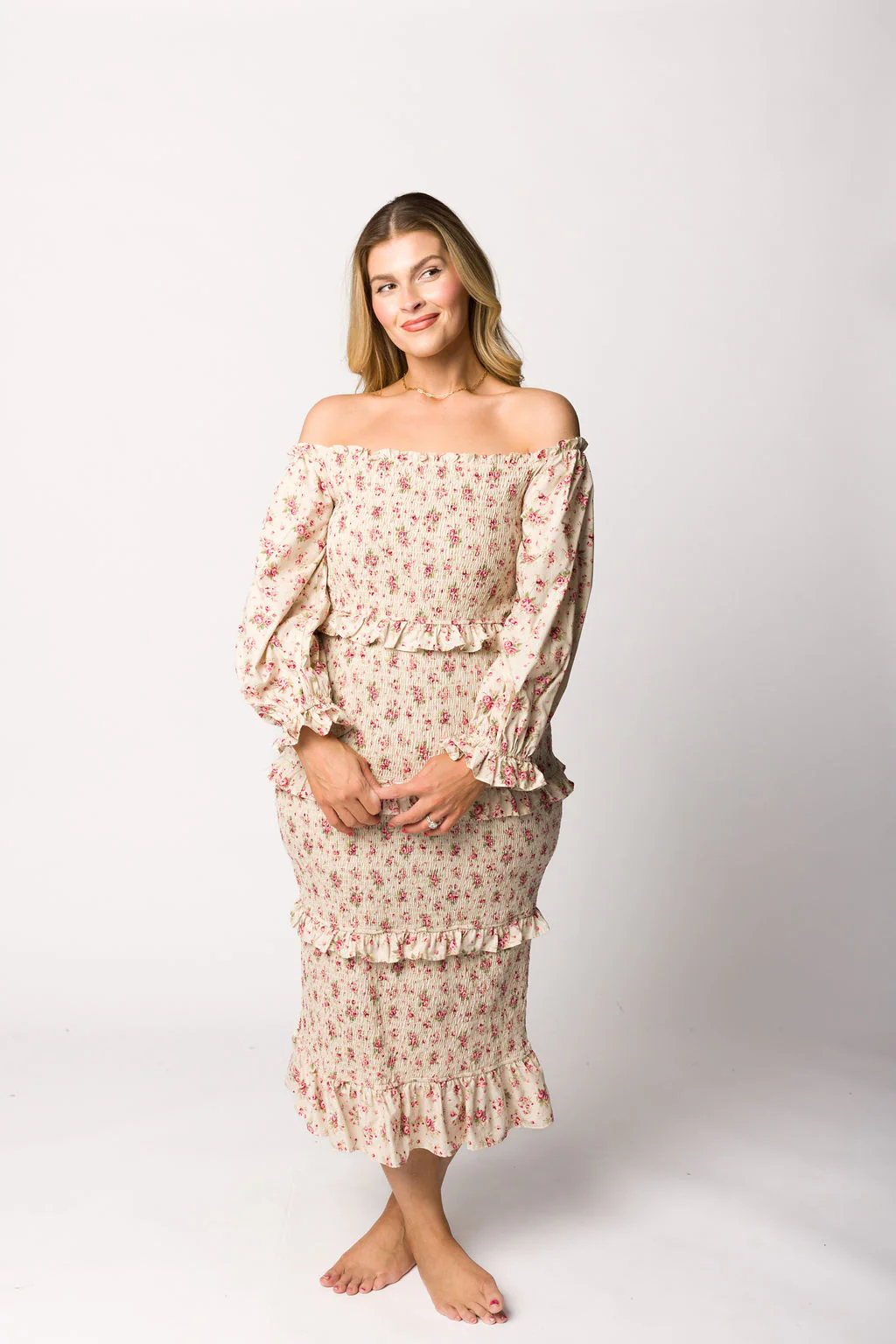 Lila Floral Printed Smocked Midi Dress in Pink - Bump Friendly *Final-Sale* - Image 12