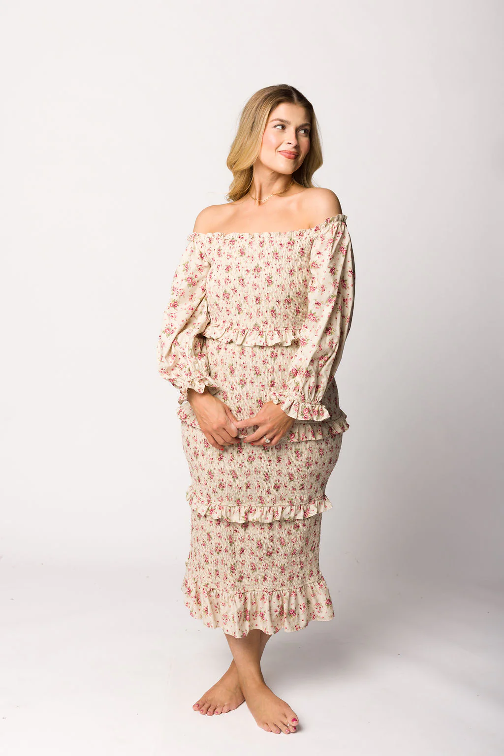 Lila Floral Printed Smocked Midi Dress in Pink - Bump Friendly *Final-Sale* - Image 13