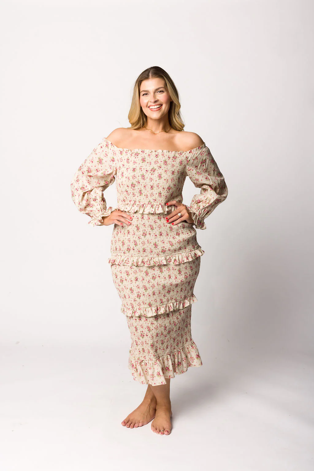 Lila Floral Printed Smocked Midi Dress in Pink - Bump Friendly *Final-Sale* - Image 14