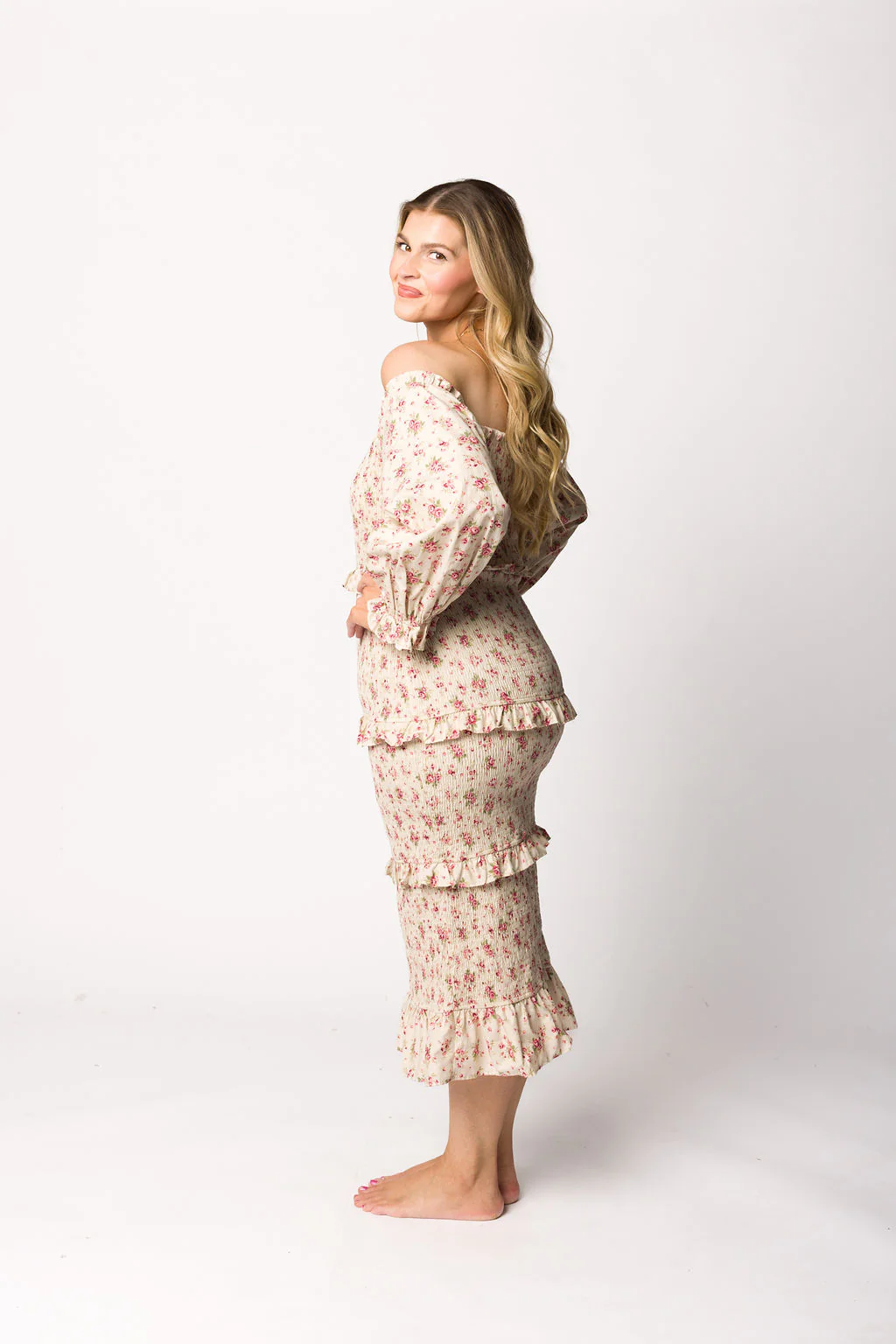 Lila Floral Printed Smocked Midi Dress in Pink - Bump Friendly *Final-Sale* - Image 15